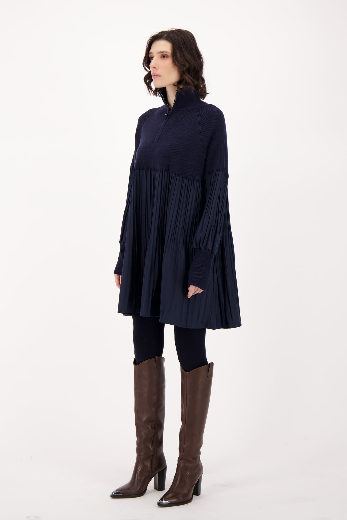 Quarter Zip Front Sweater/Pleated Dress