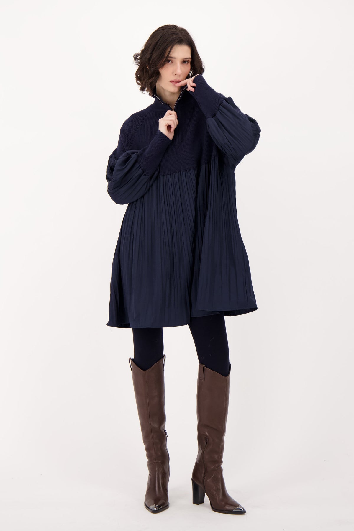 Quarter Zip Front Sweater/Pleated Dress