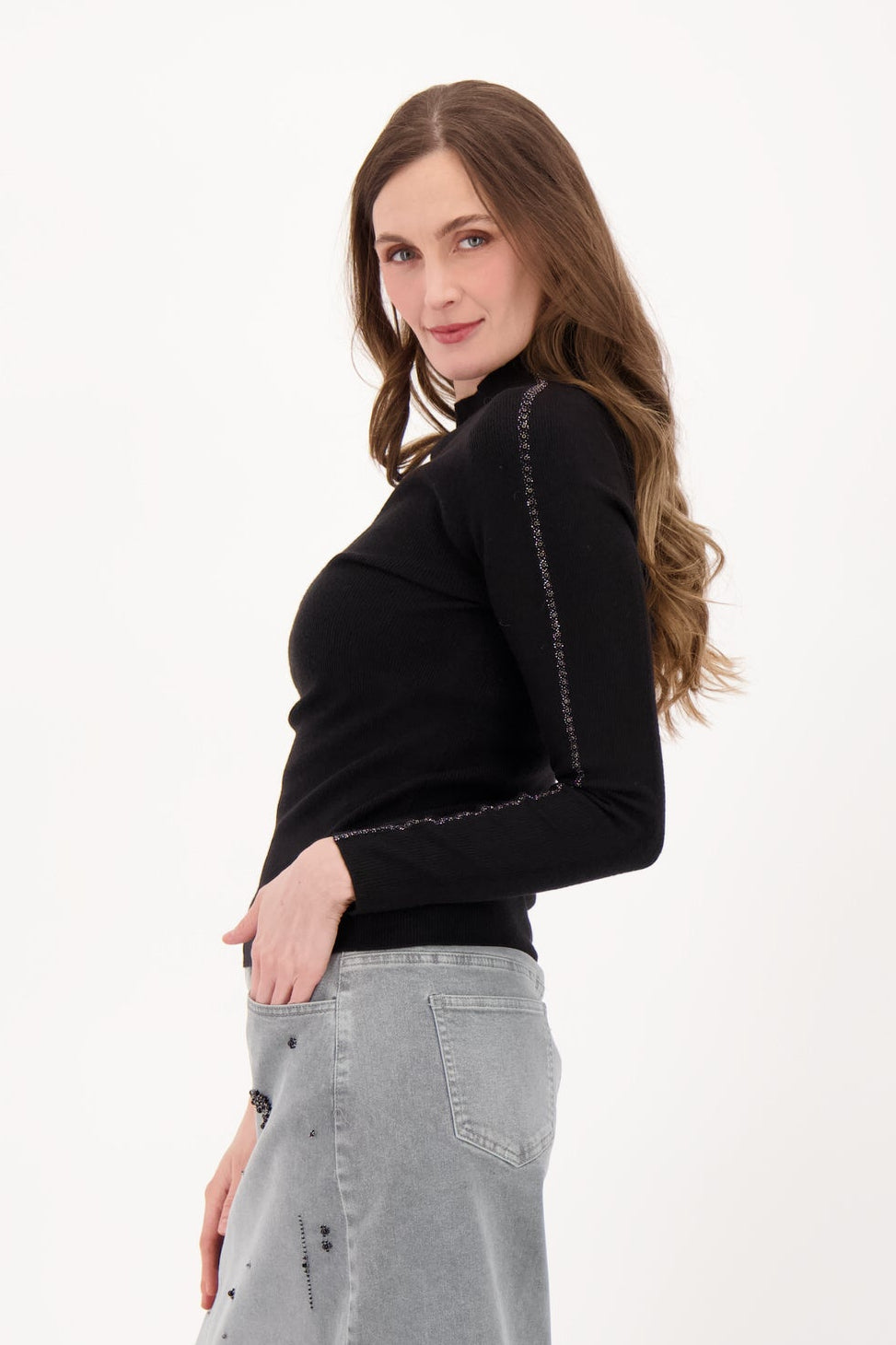 Sweater With Sleeve Rhinestone Detail