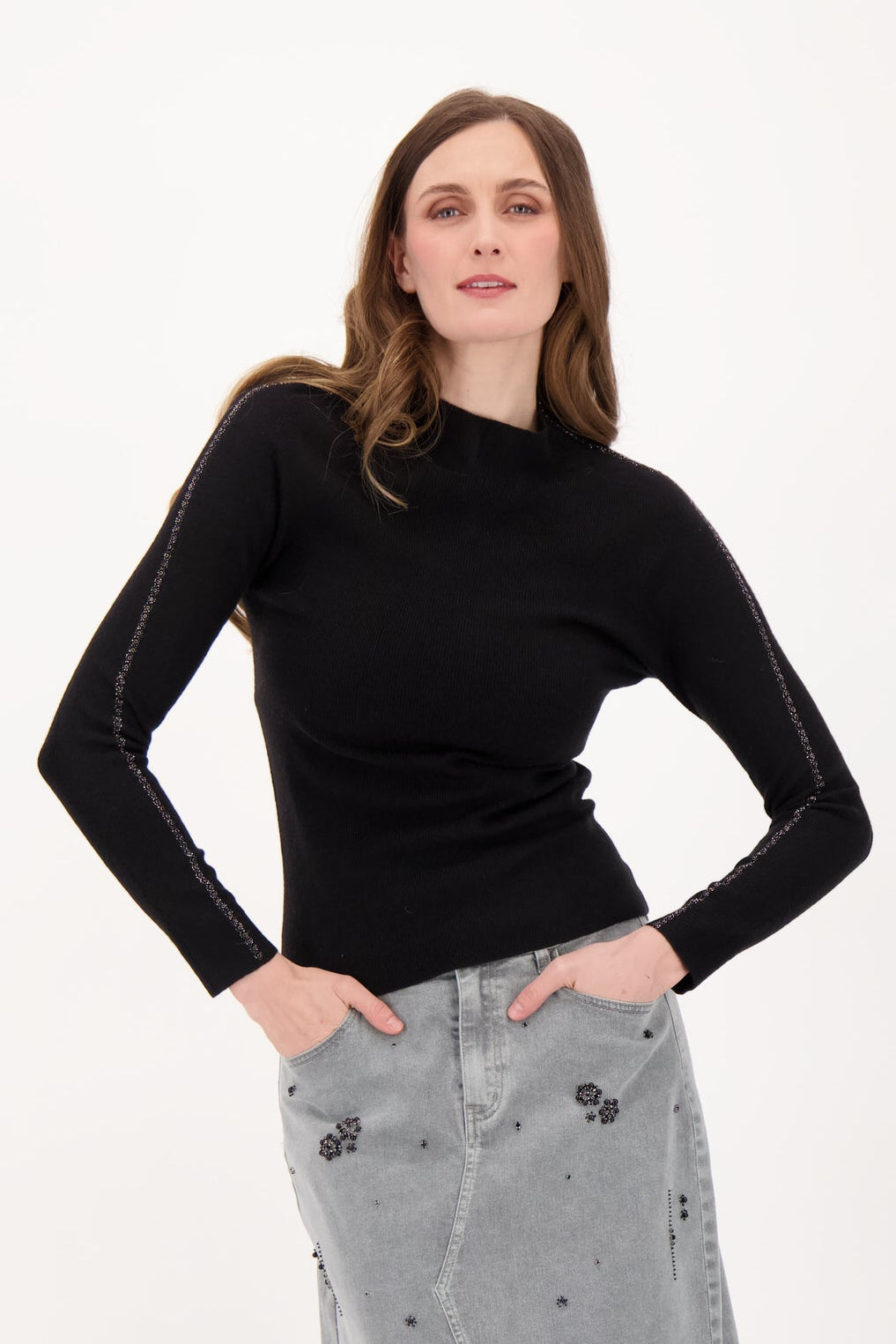 Sweater With Sleeve Rhinestone Detail