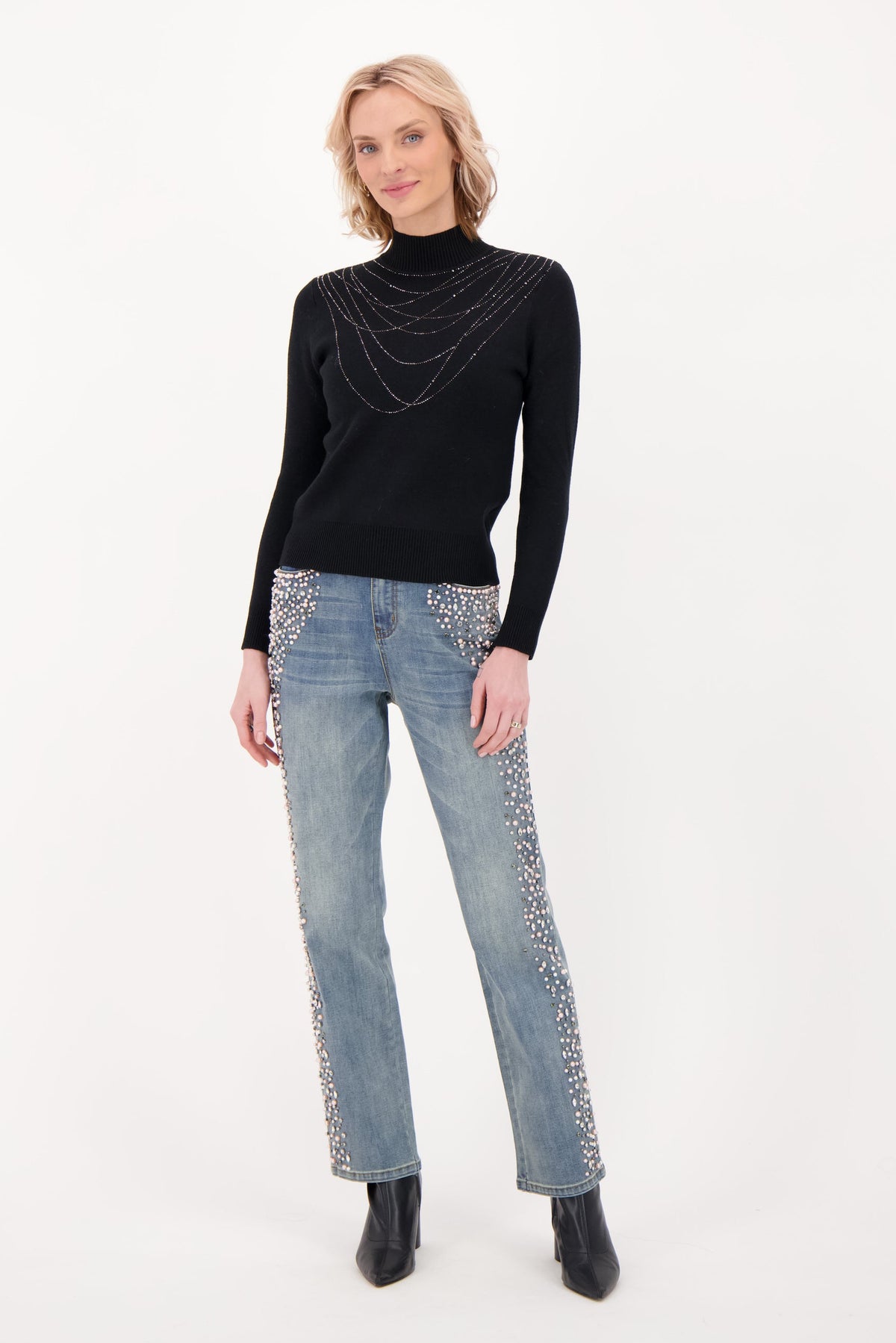 Plush Fleece Lined Sweater With Hot Fix Beads Necklace