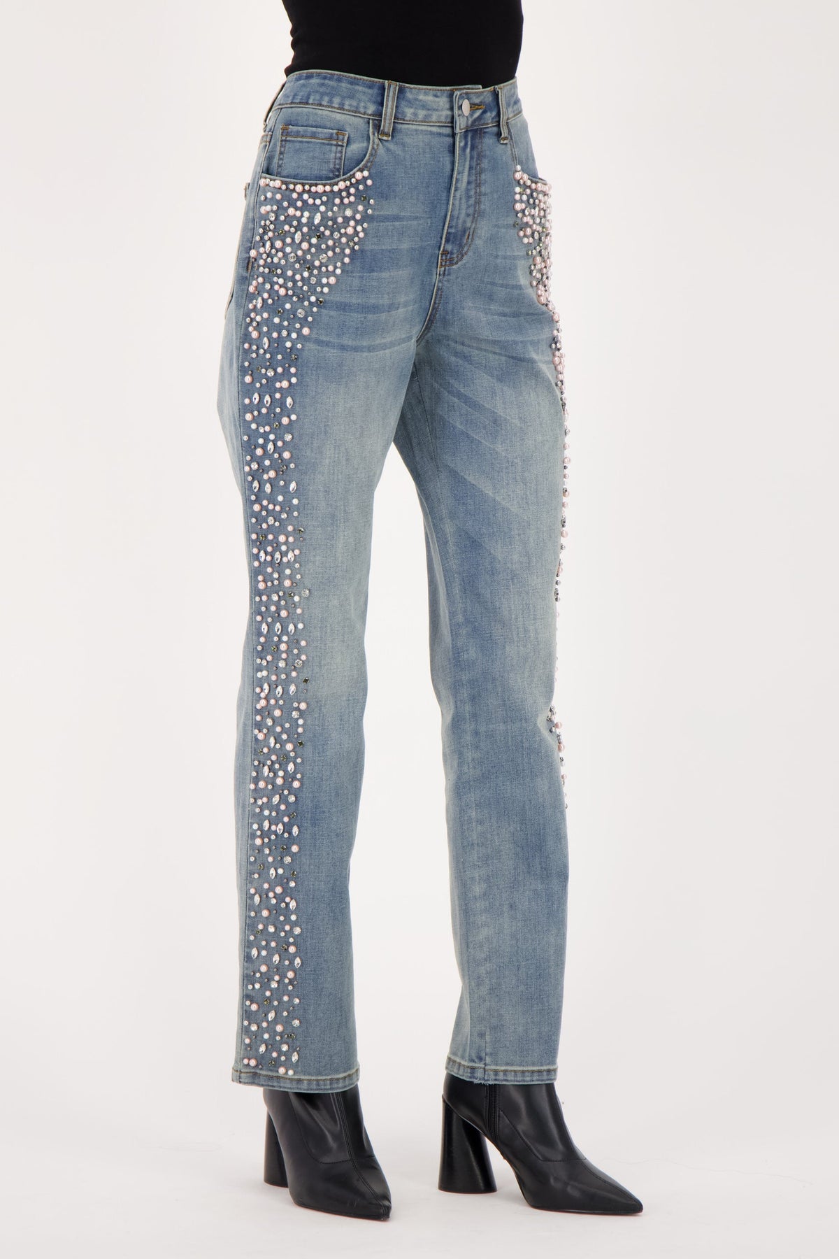 Side Seam Pearl Beading Denim Pant