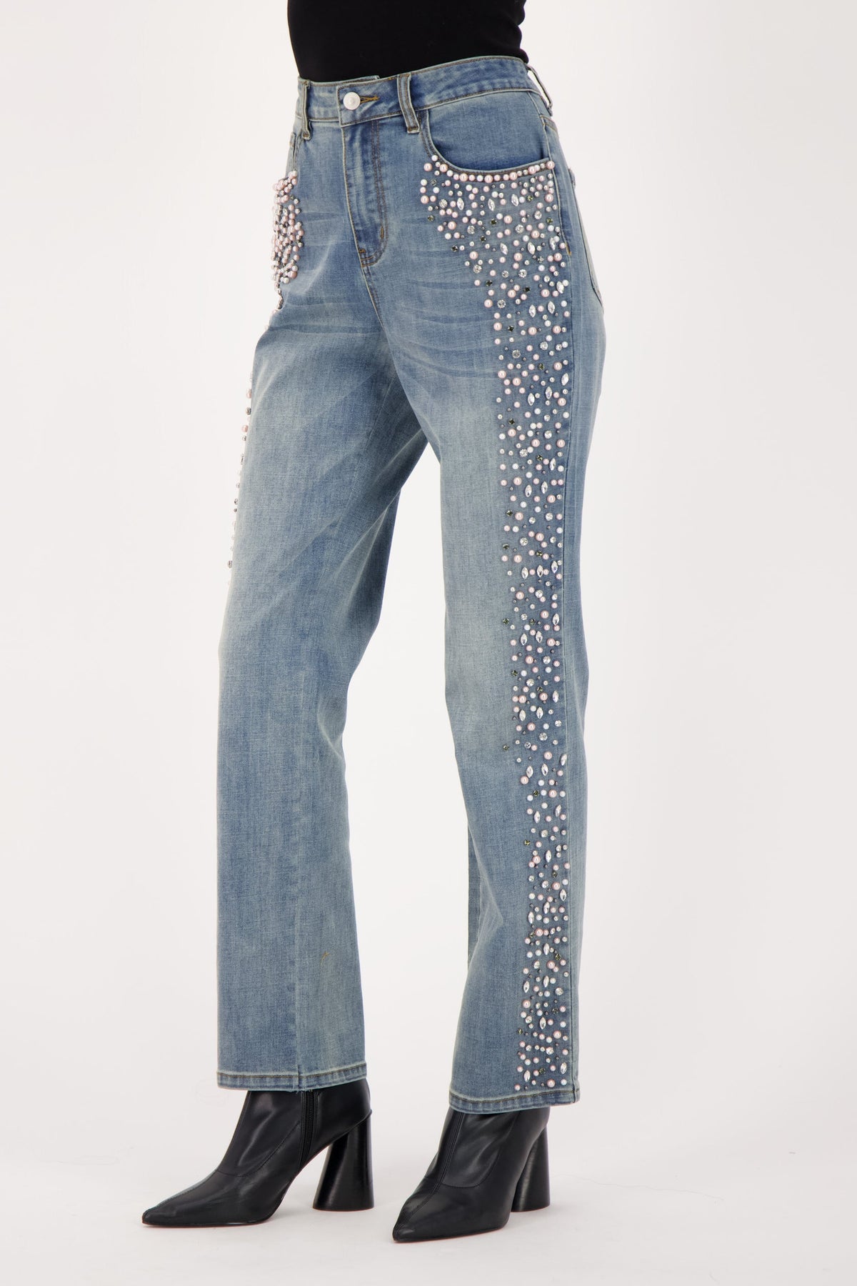 Side Seam Pearl Beading Denim Pant