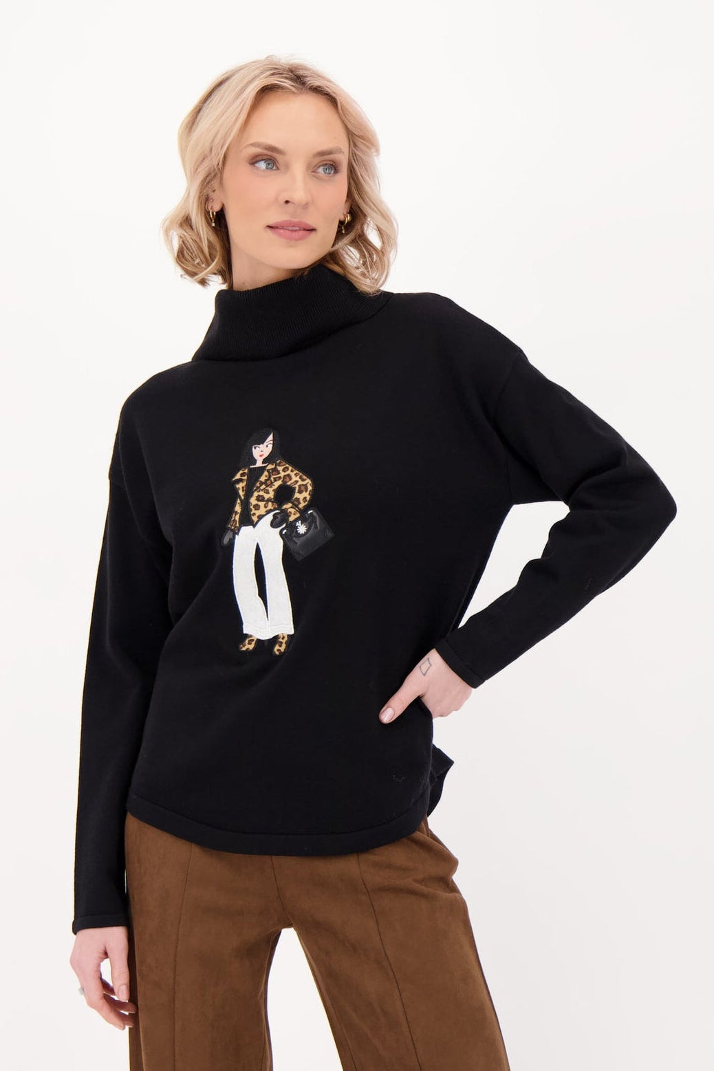 Cowl Neck Leopard Jacketed Girl Sweater