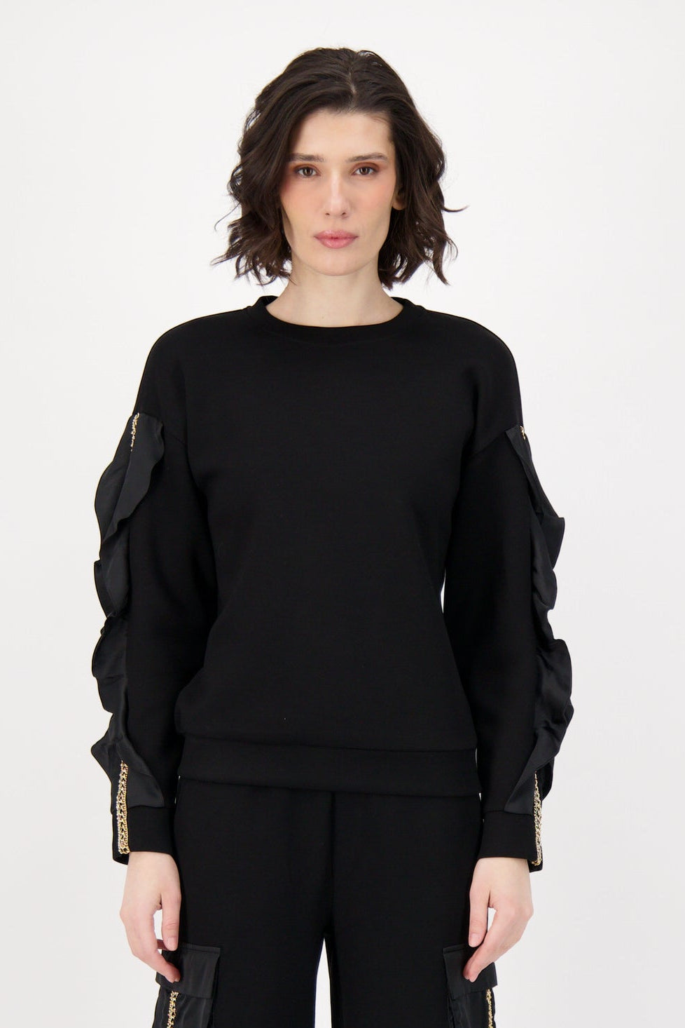 Ruffle And Chain Detail Sleeve Interlock Top