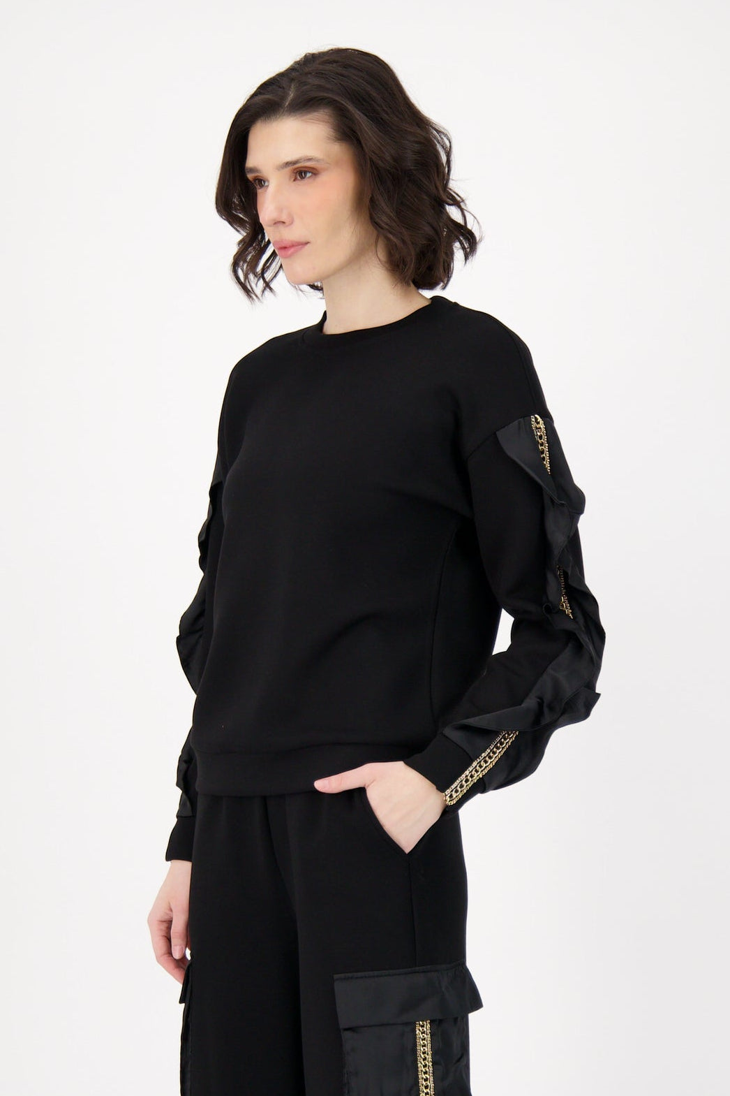Ruffle And Chain Detail Sleeve Interlock Top