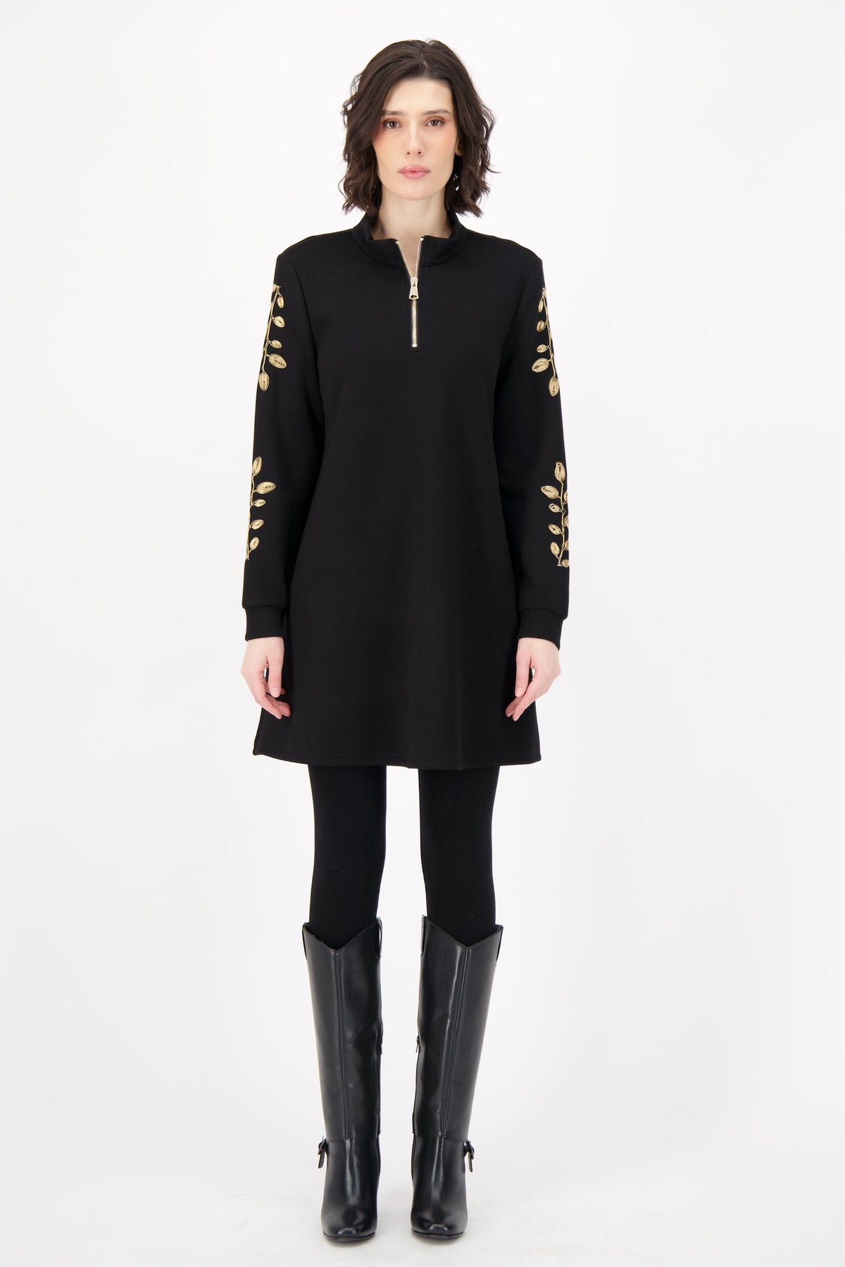 Gold Leaf Embroidered Sleeve Scuba Tunic Dress
