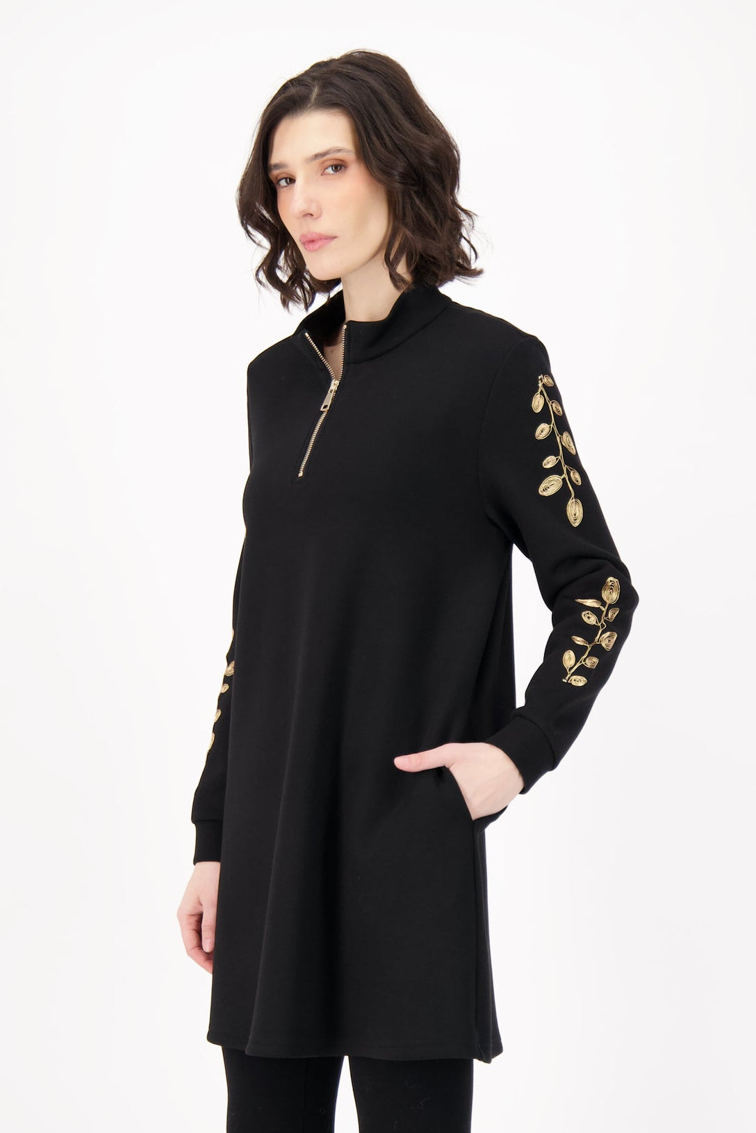 Gold Leaf Embroidered Sleeve Scuba Tunic Dress