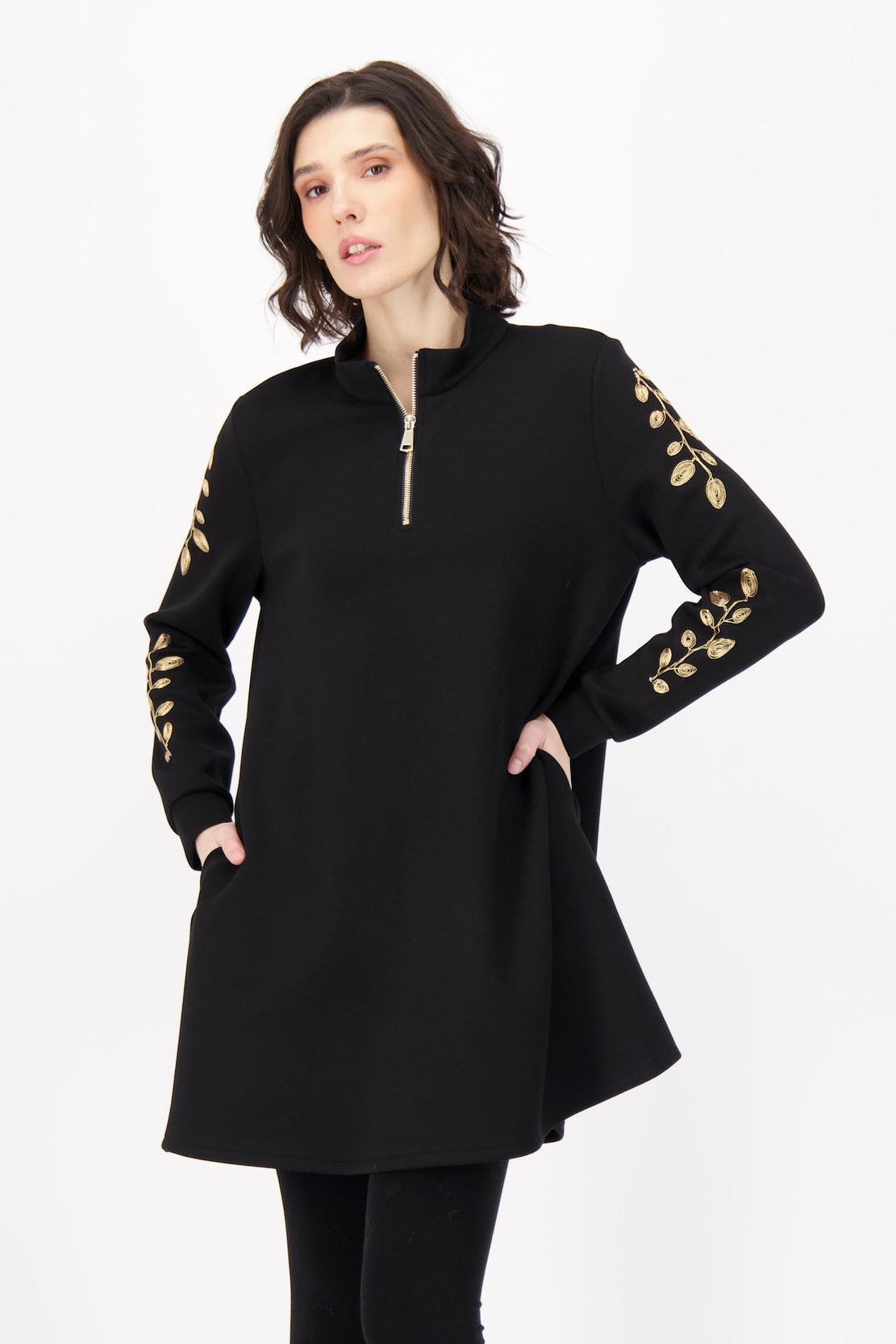 Gold Leaf Embroidered Sleeve Scuba Tunic Dress