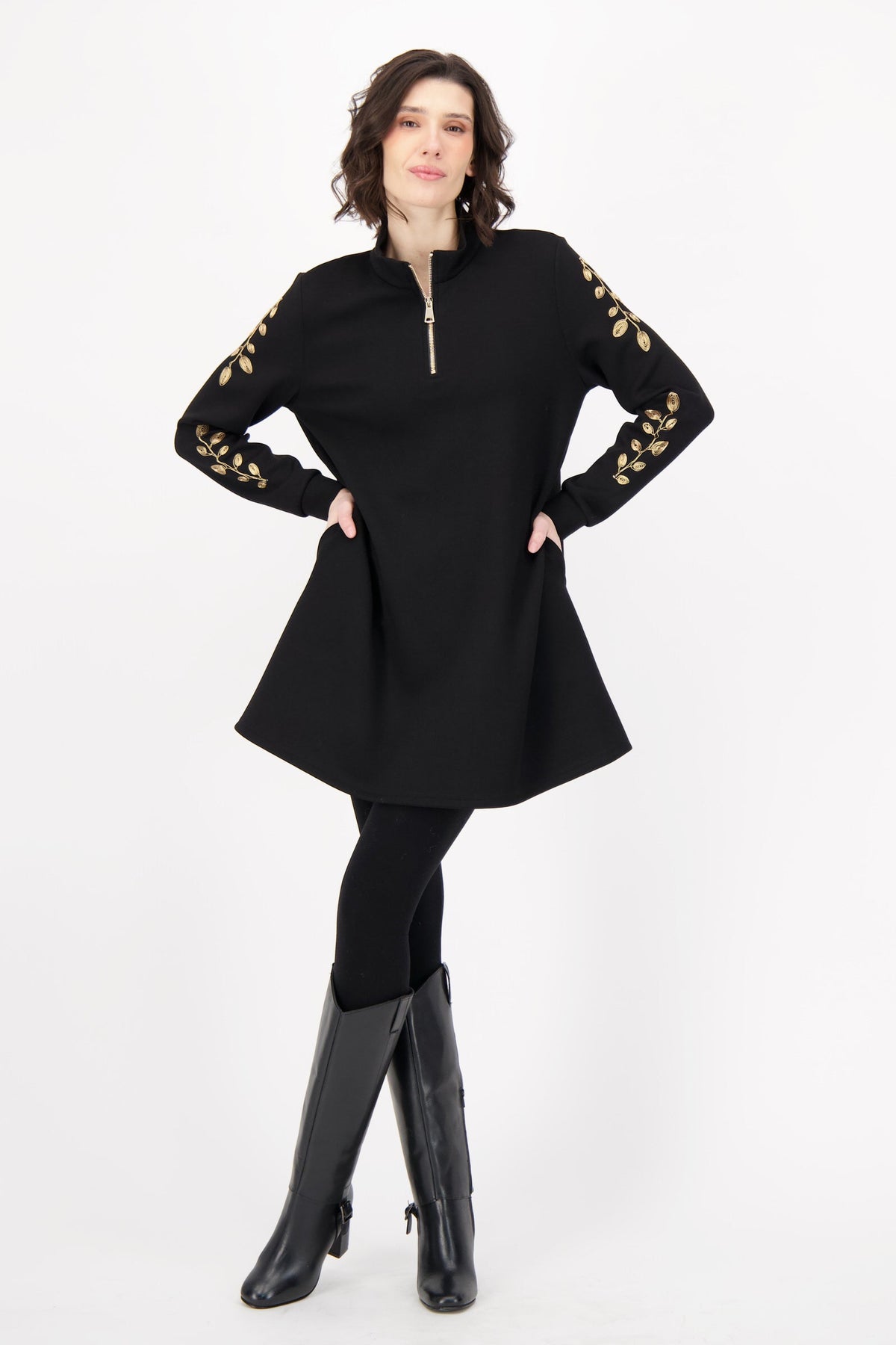 Gold Leaf Embroidered Sleeve Scuba Tunic Dress