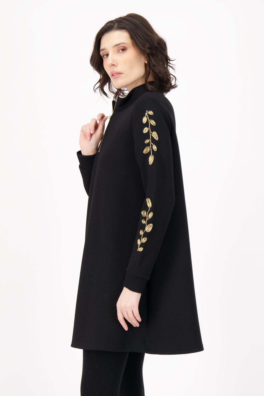 Gold Leaf Embroidered Sleeve Scuba Tunic Dress