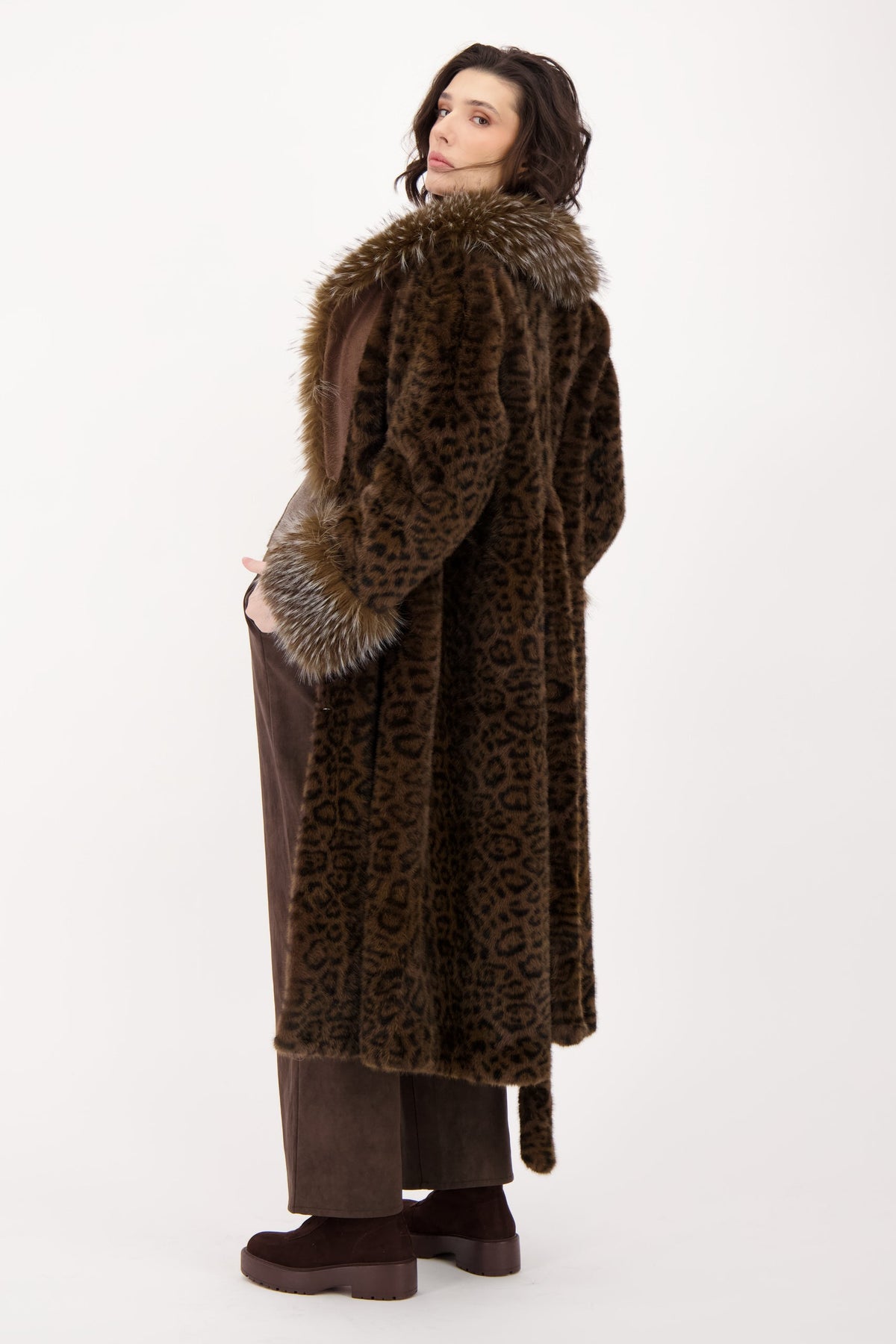 Faux Leopard Belted Coat With Mink Collar And Cuff
