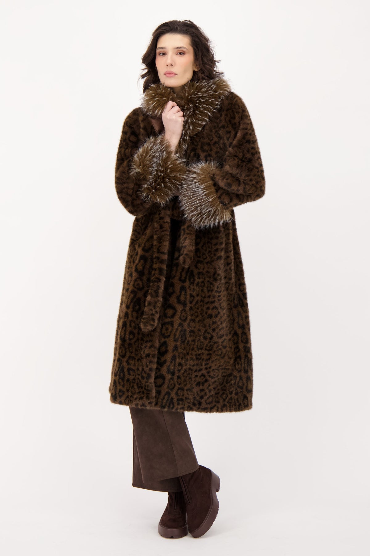Faux Leopard Belted Coat With Mink Collar And Cuff