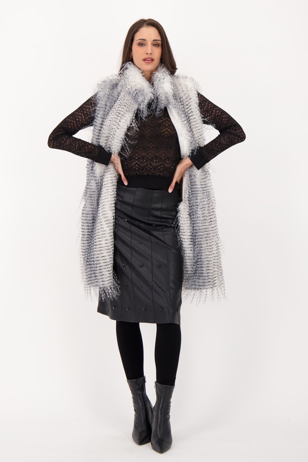 Beaded Pintuck PU Skirt