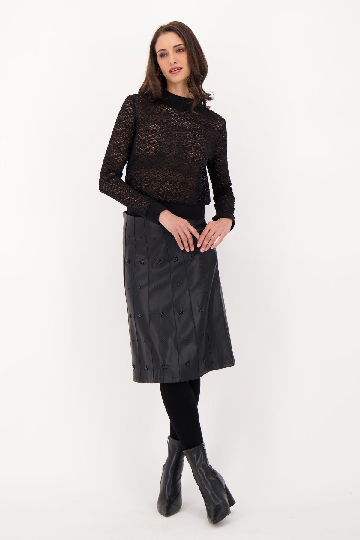 Beaded Pintuck PU Skirt