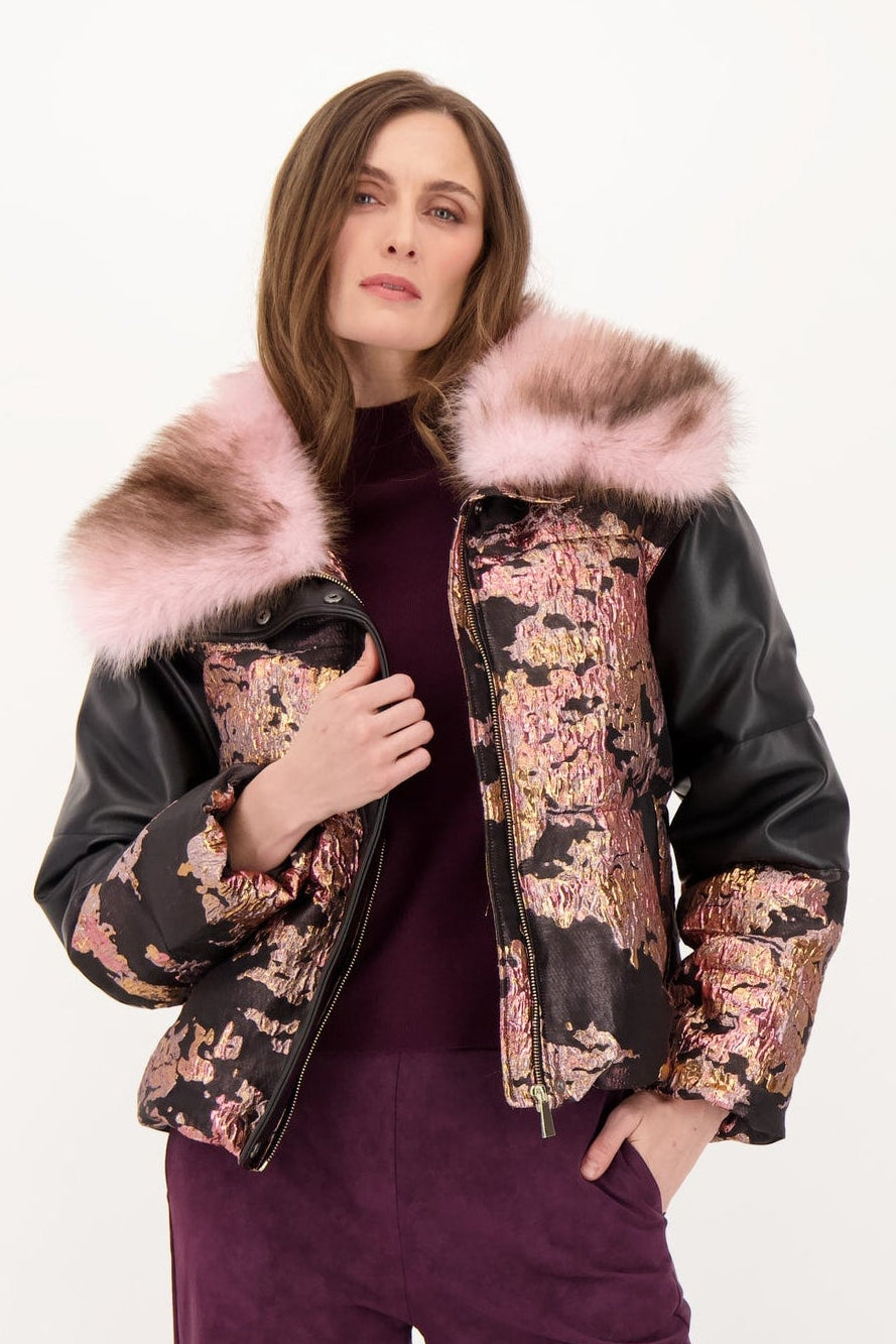 Brocade Faux Leather Jacket with Removable Faux Fur Collar