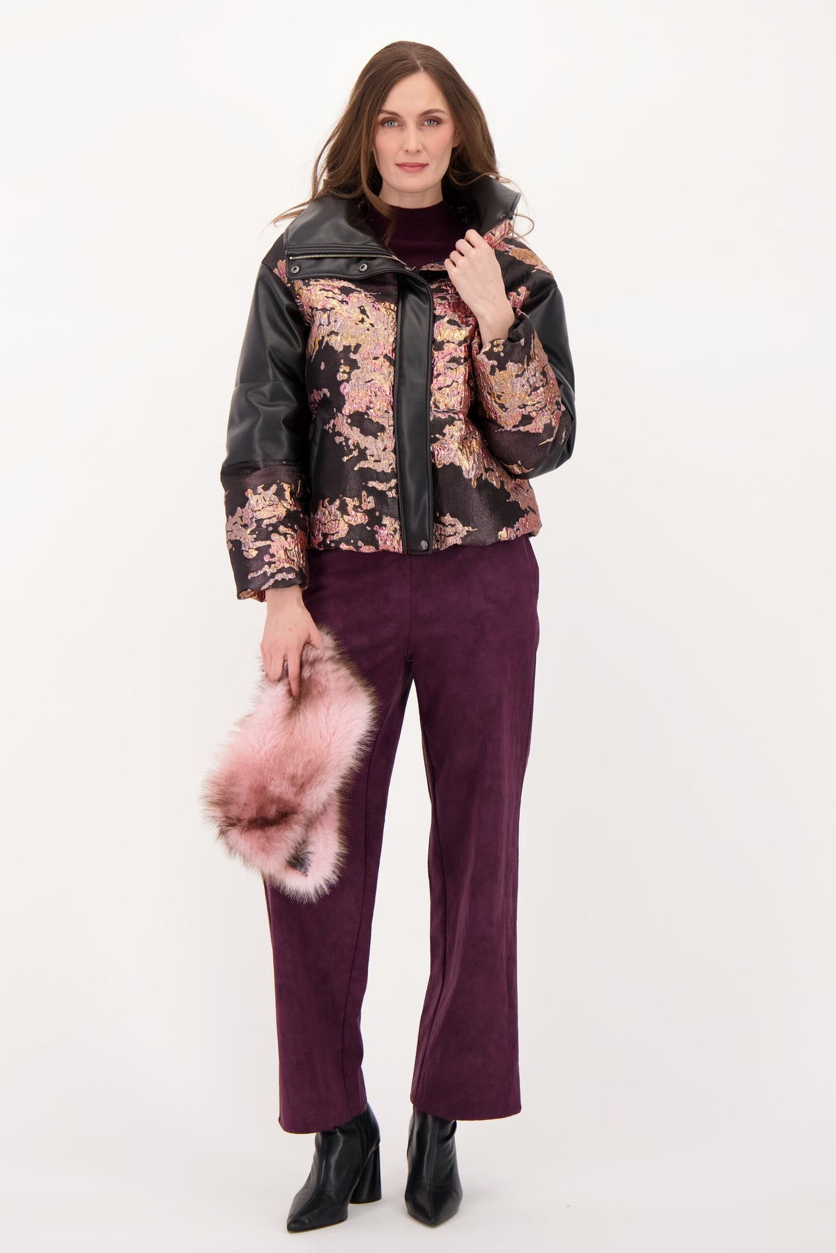 Brocade Faux Leather Jacket with Removable Faux Fur Collar