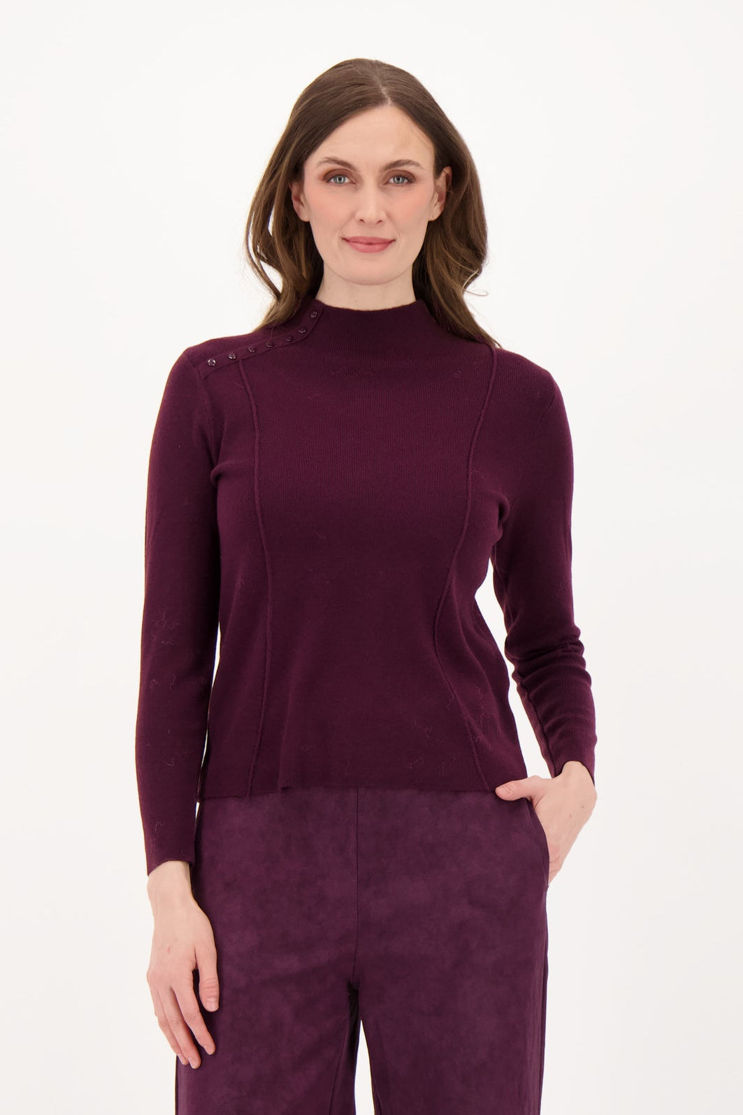 Shoulder Button Detail Mock Neck Top