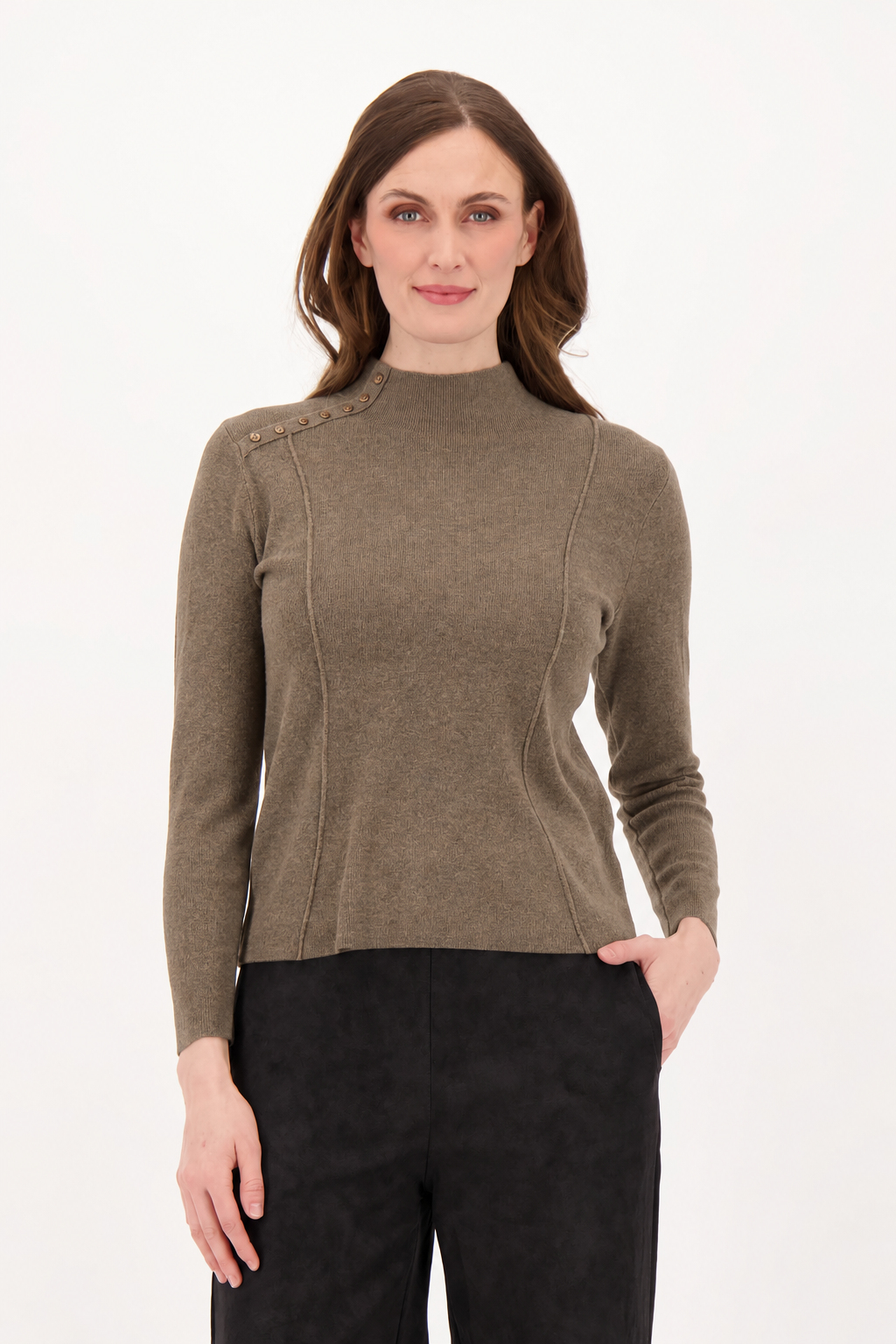 Shoulder Button Detail Mock Neck Top