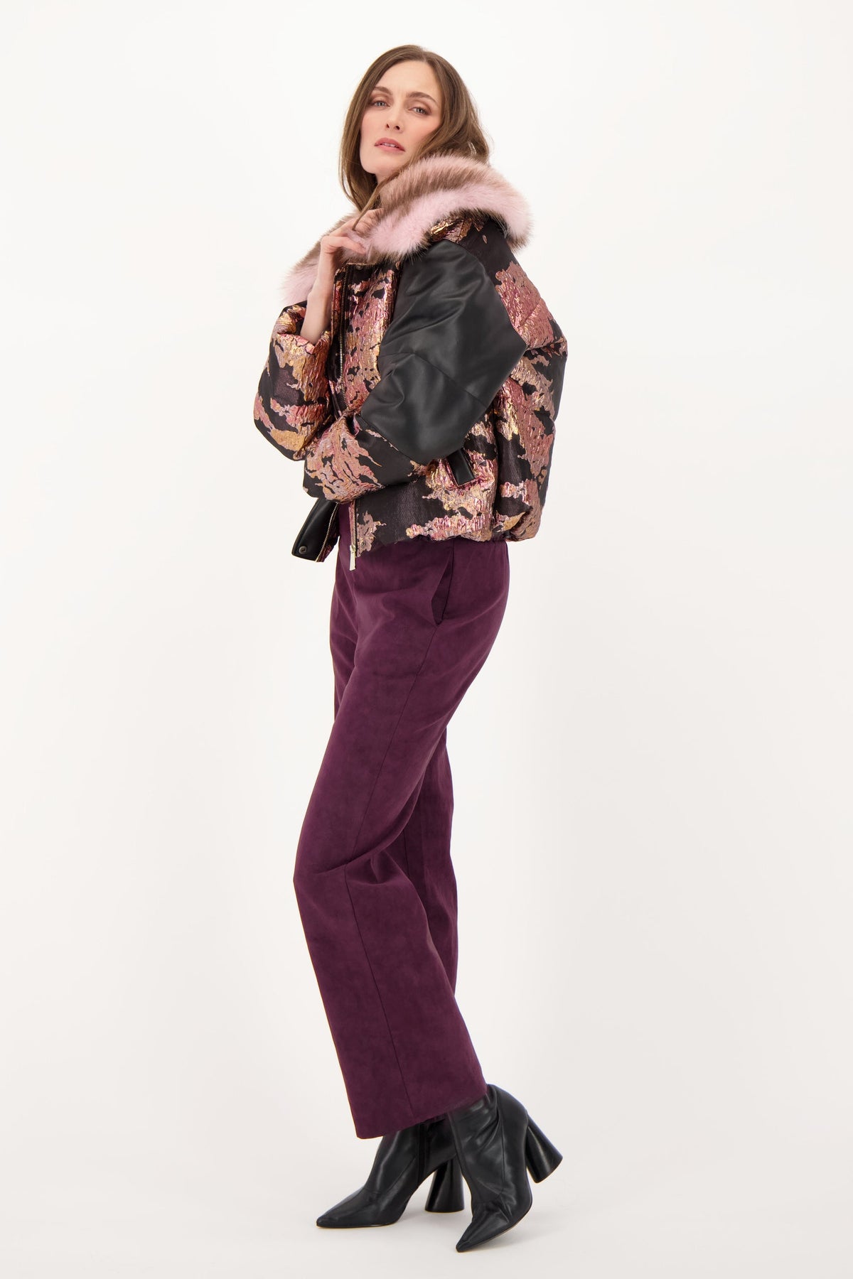 Brocade Faux Leather Jacket with Removable Faux Fur Collar