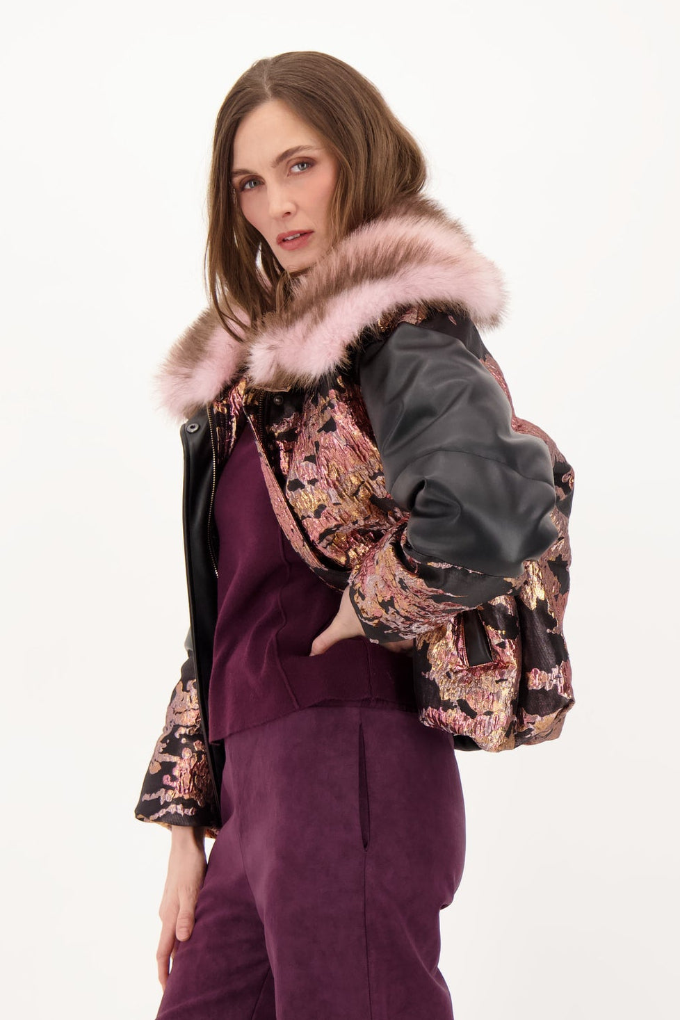 Brocade Faux Leather Jacket with Removable Faux Fur Collar