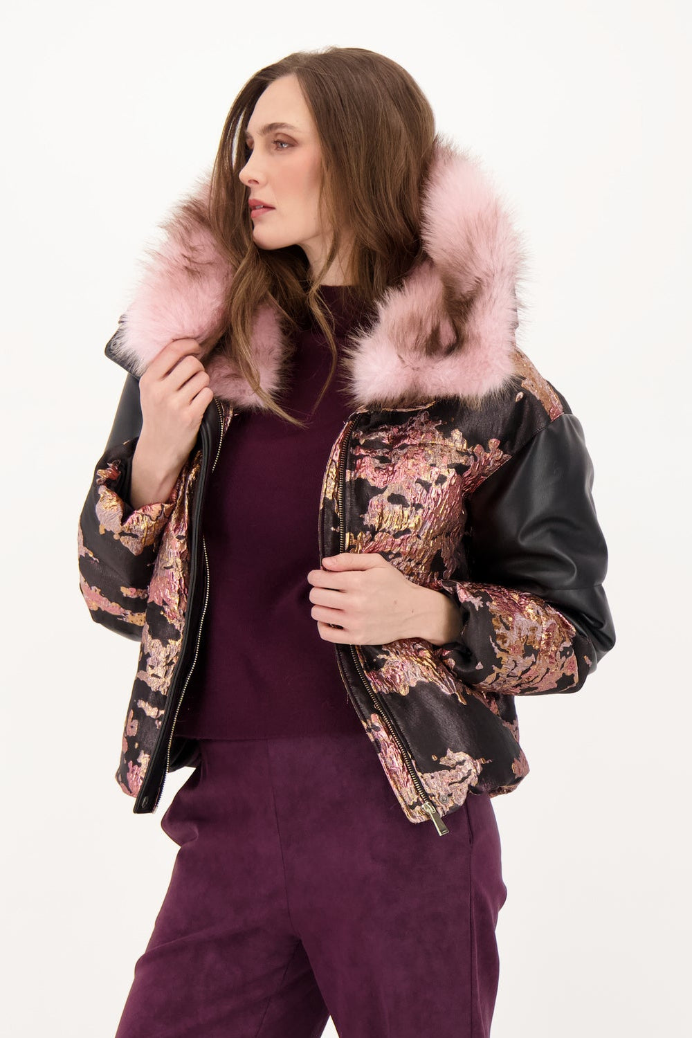 Brocade Faux Leather Jacket with Removable Faux Fur Collar
