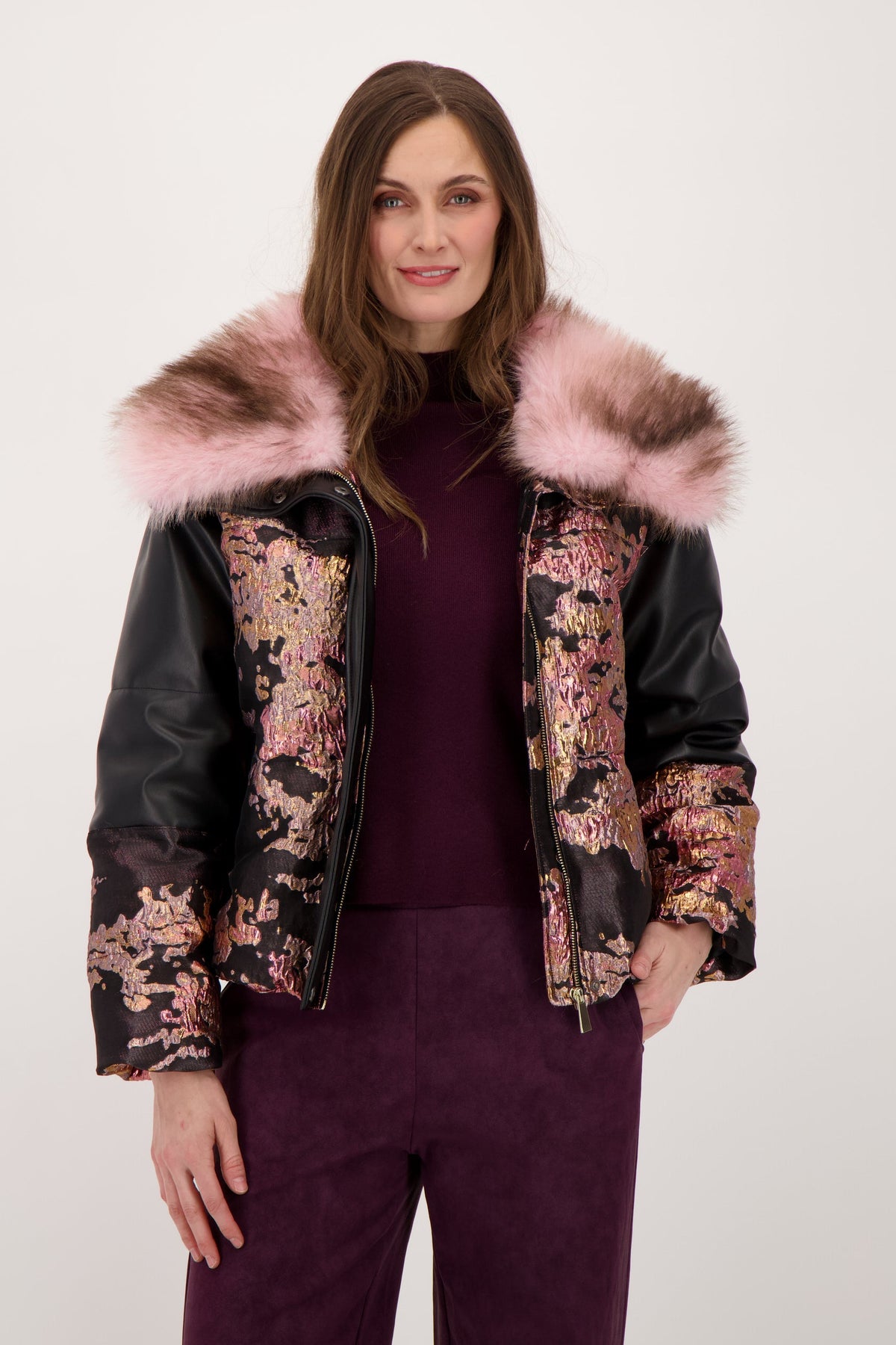 Brocade Faux Leather Jacket with Removable Faux Fur Collar