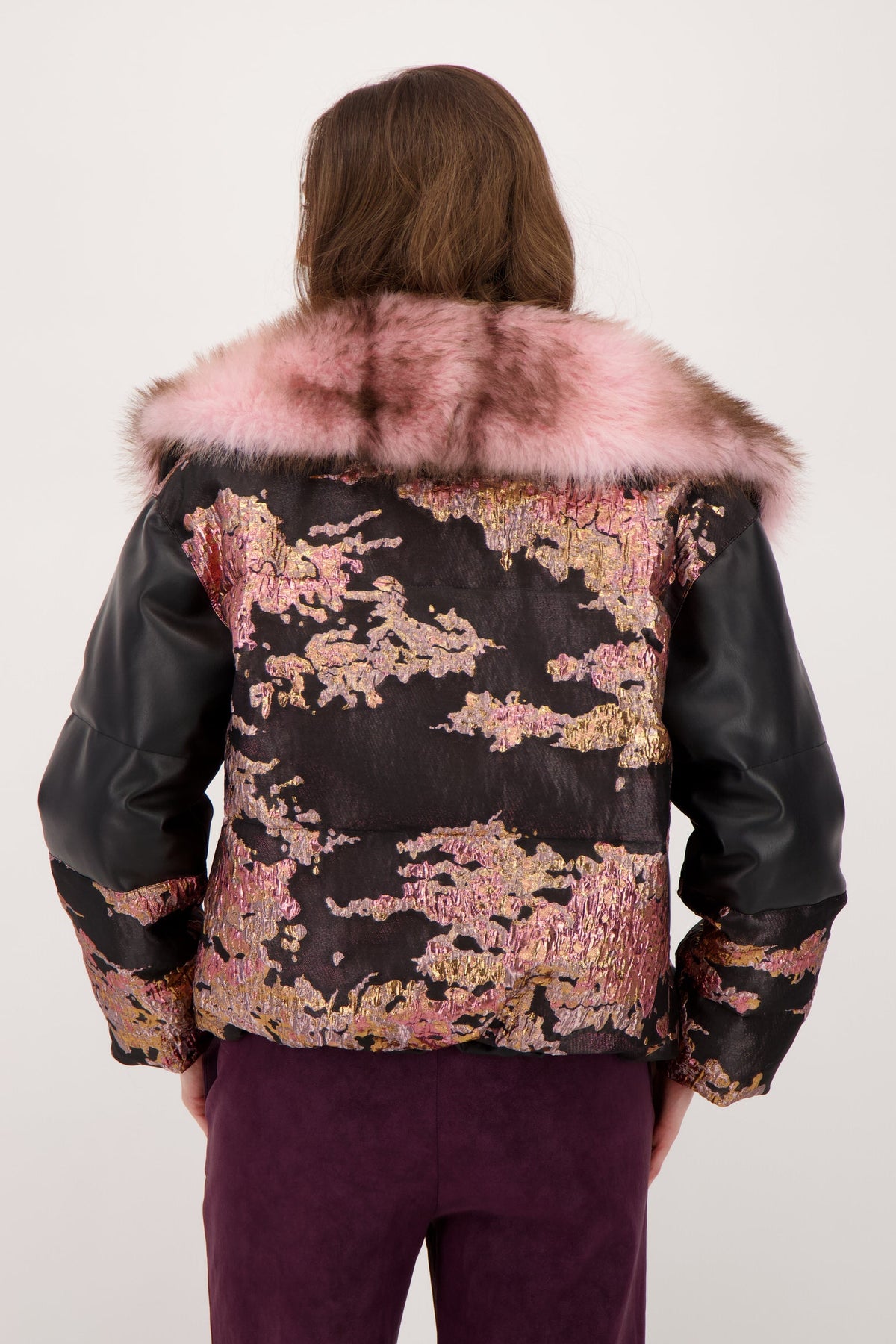 Brocade Faux Leather Jacket with Removable Faux Fur Collar
