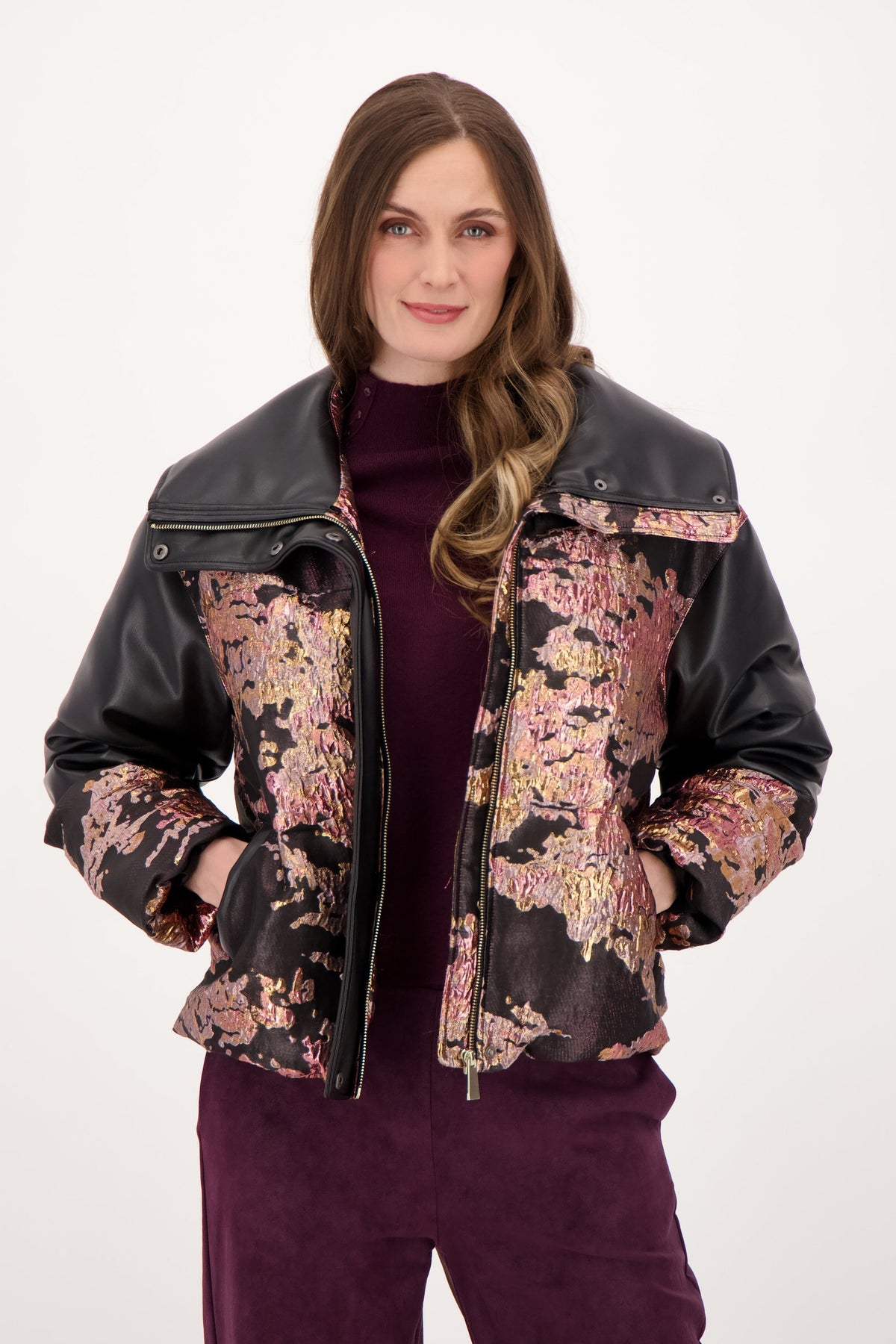Brocade Faux Leather Jacket with Removable Faux Fur Collar