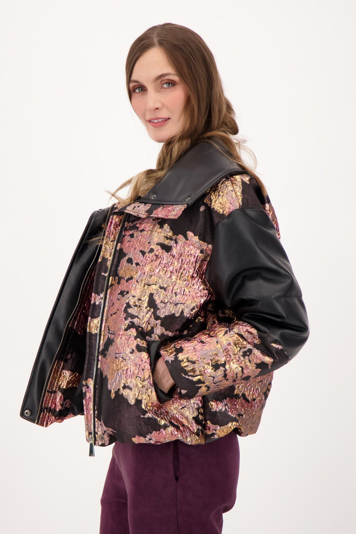 Brocade Faux Leather Jacket with Removable Faux Fur Collar
