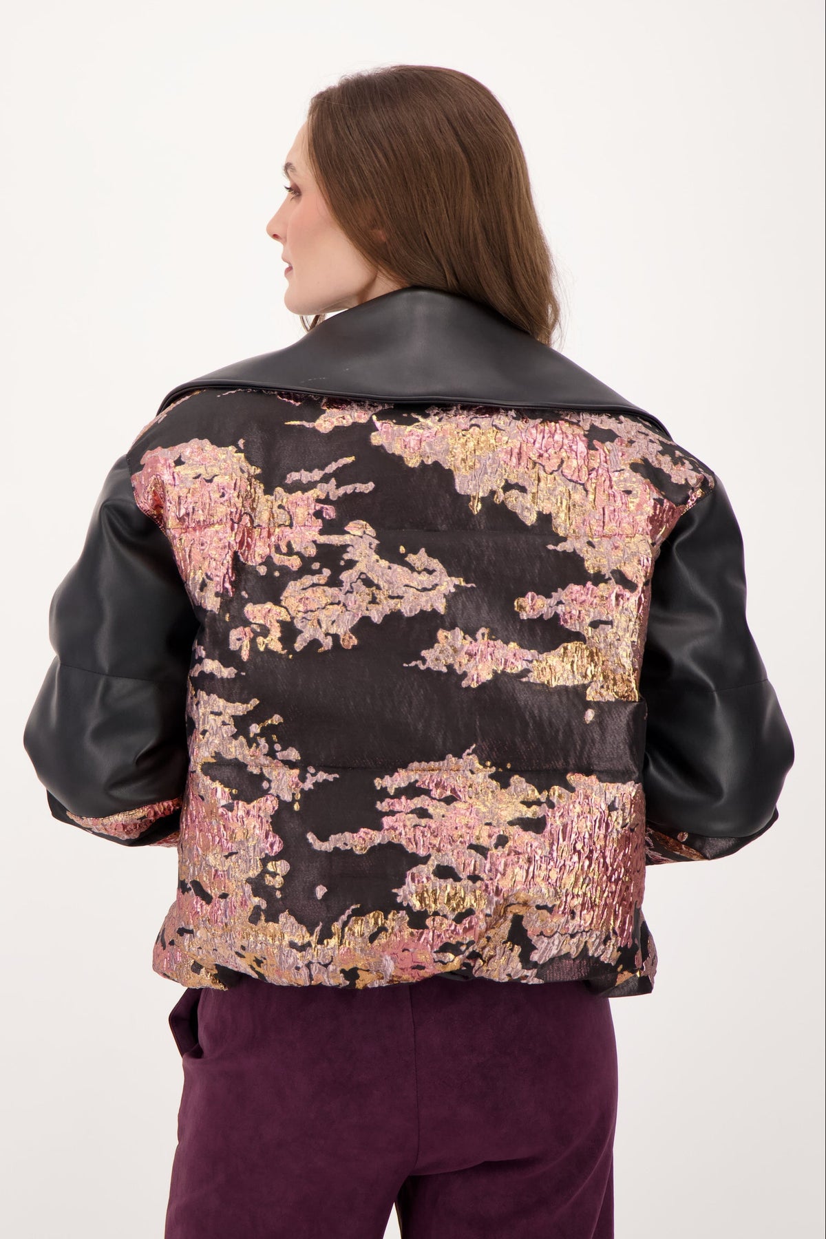 Brocade Faux Leather Jacket with Removable Faux Fur Collar