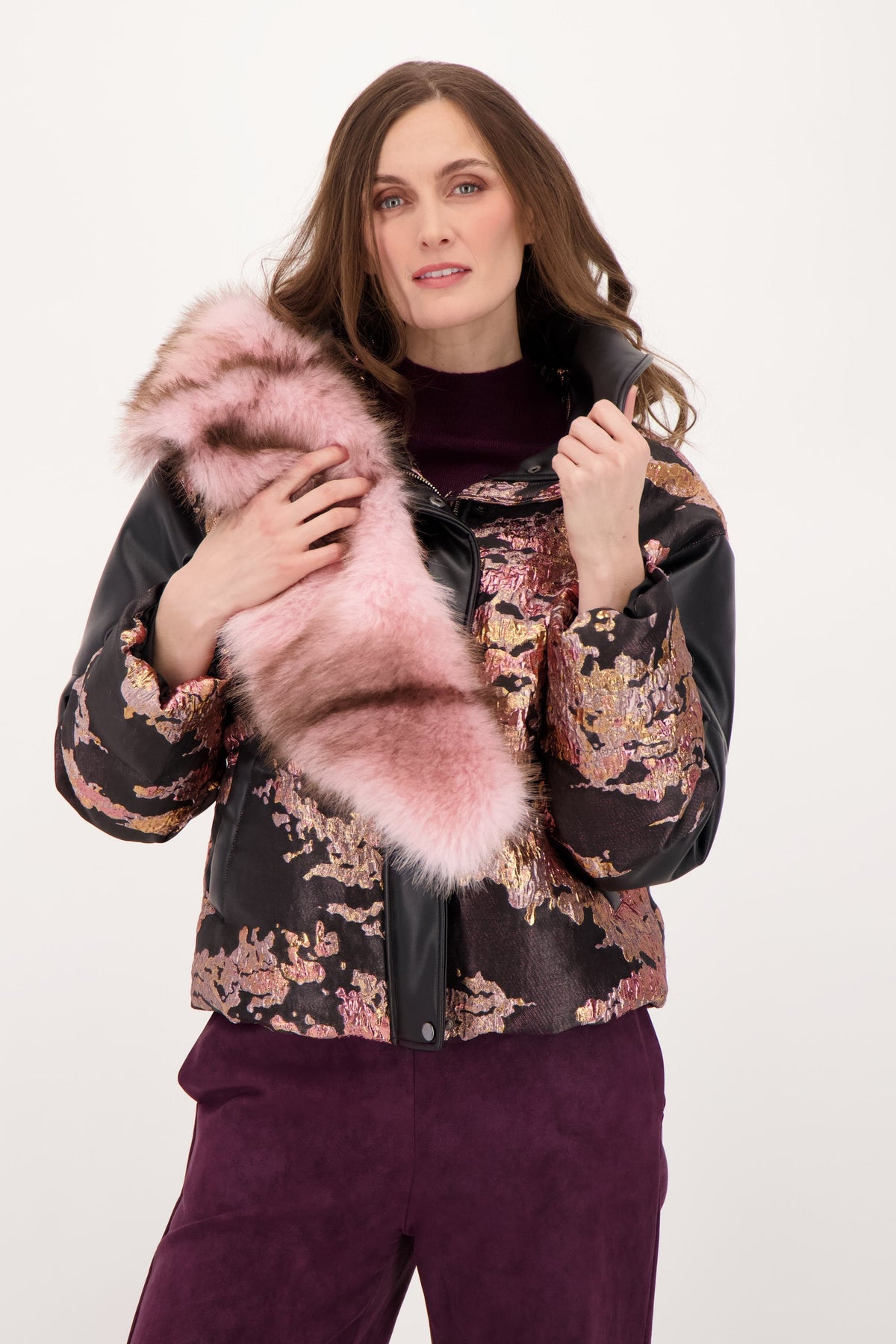 Brocade Faux Leather Jacket with Removable Faux Fur Collar