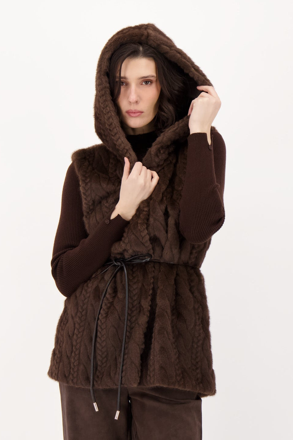 Cable Hooded Vest With Leather Tie