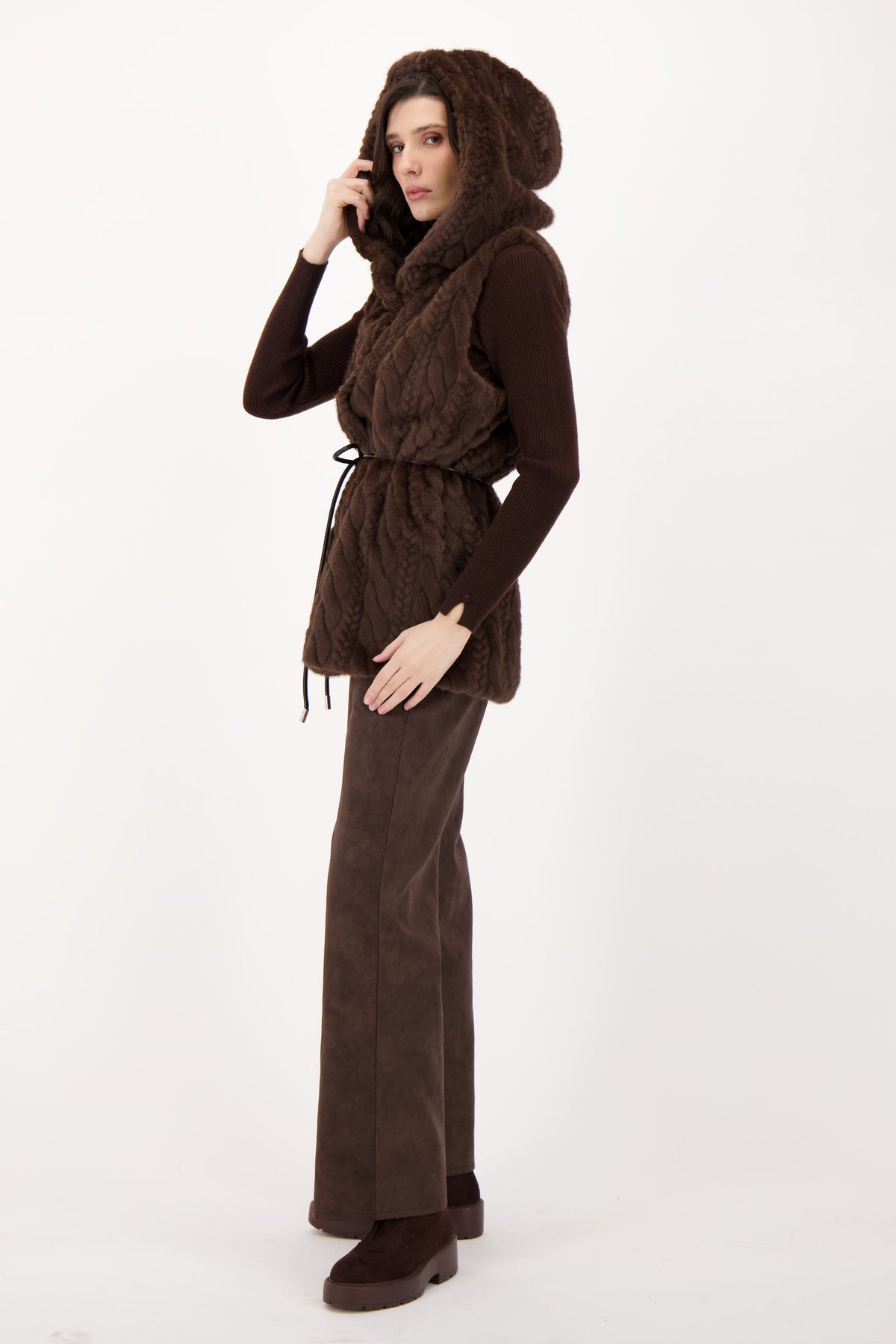 Cable Hooded Vest With Leather Tie