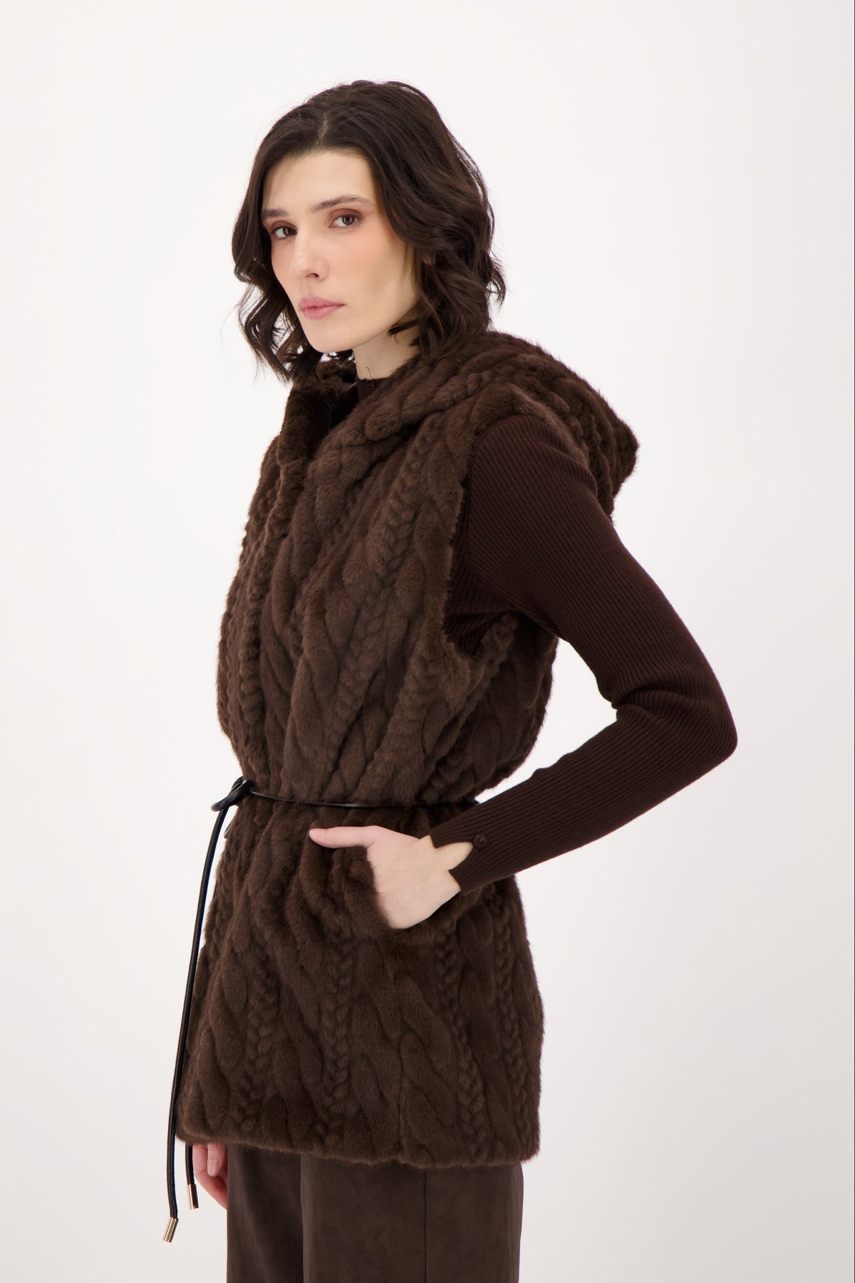 Cable Hooded Vest With Leather Tie