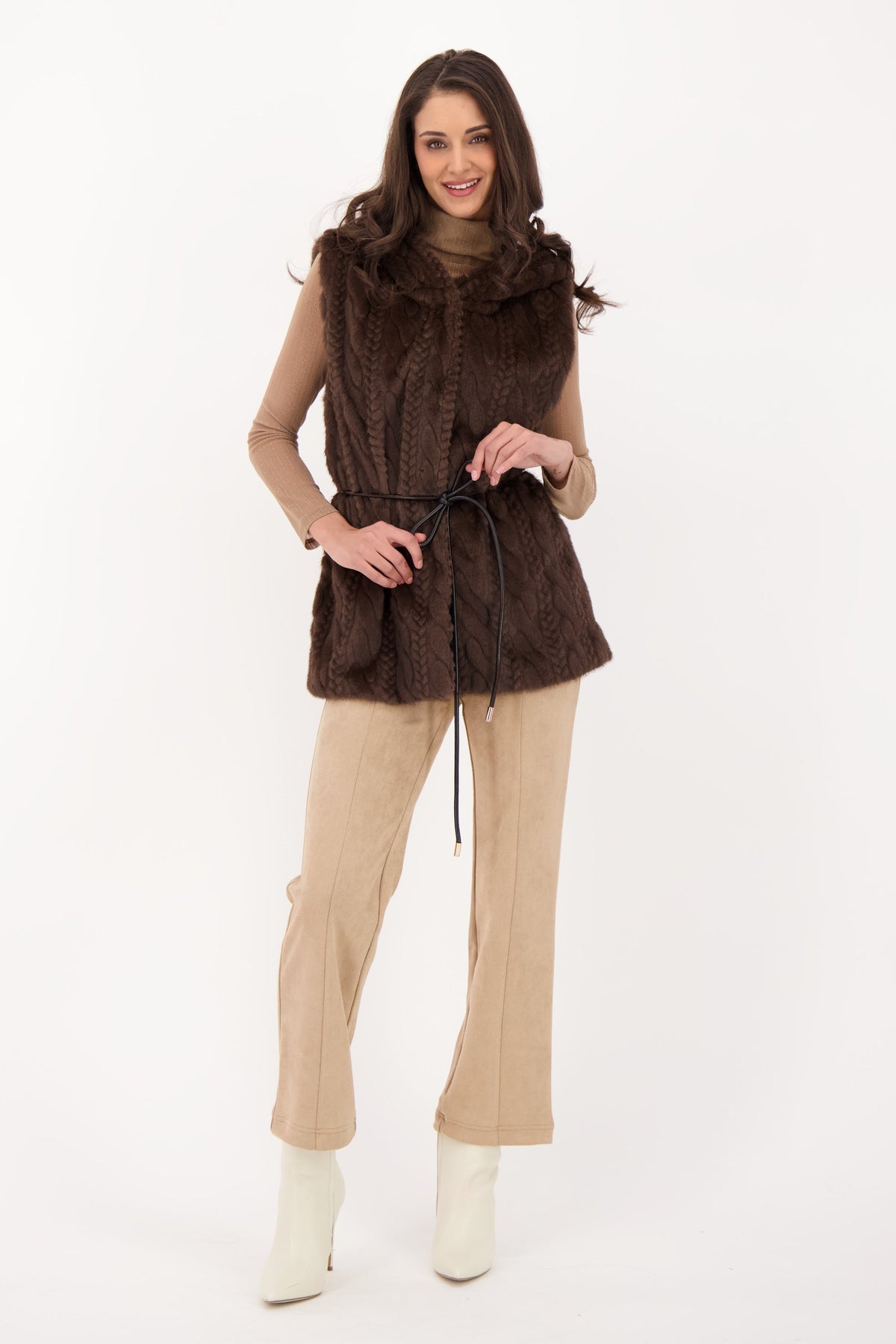 Cable Hooded Vest With Leather Tie