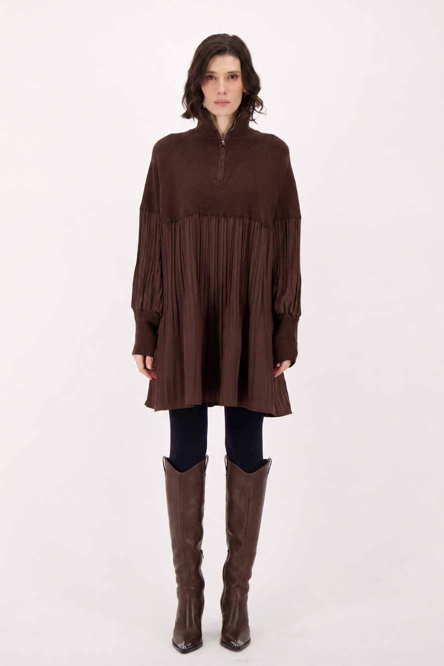 Quarter Zip Front Sweater/Pleated Dress