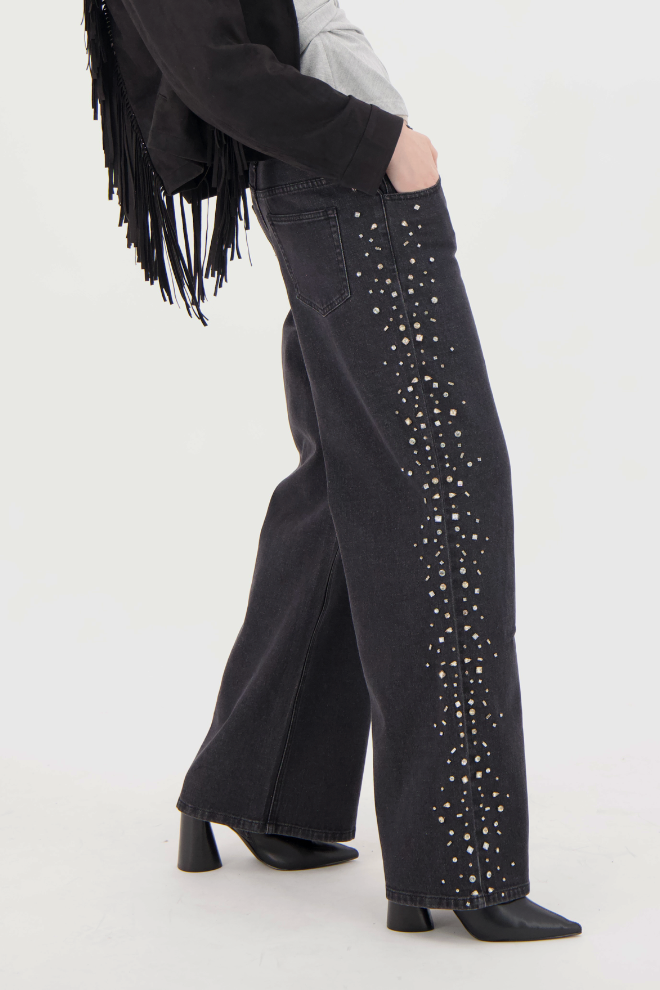 Side Seam Rhinestone Wide Leg Denim Pant