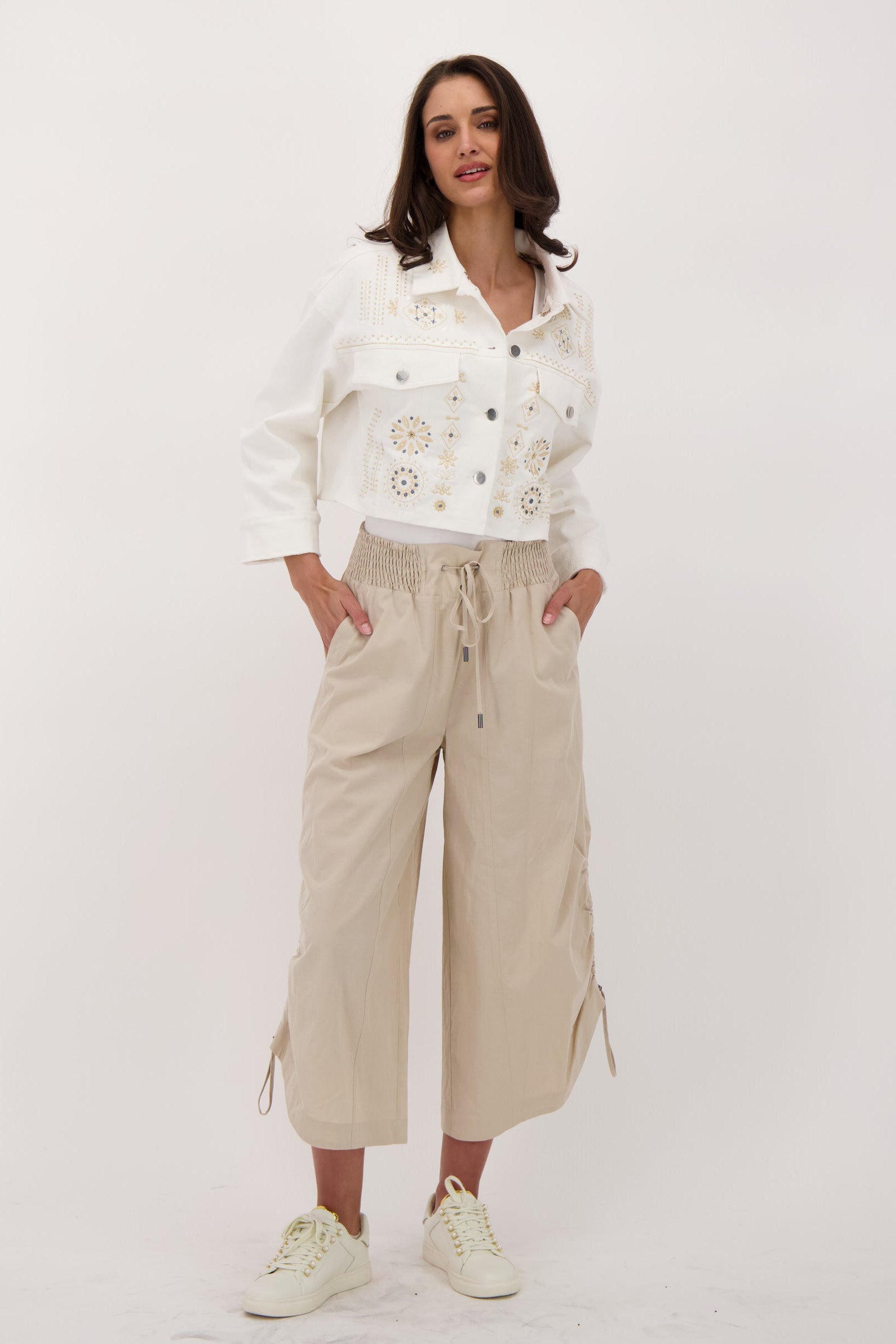 Embroidered Crop Cotton Jacket With Printed Lining