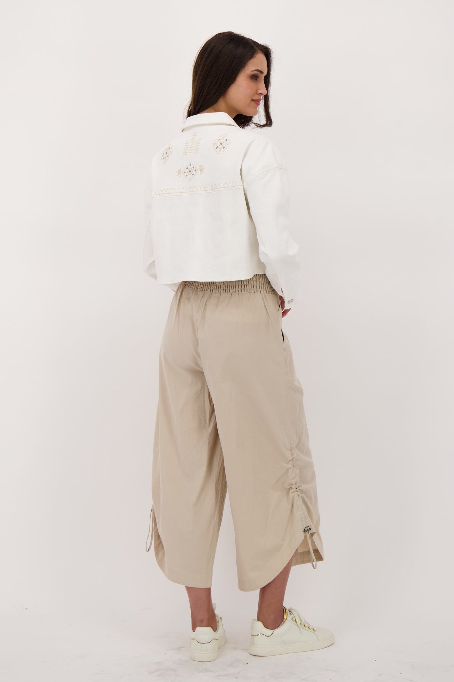 Embroidered Crop Cotton Jacket With Printed Lining