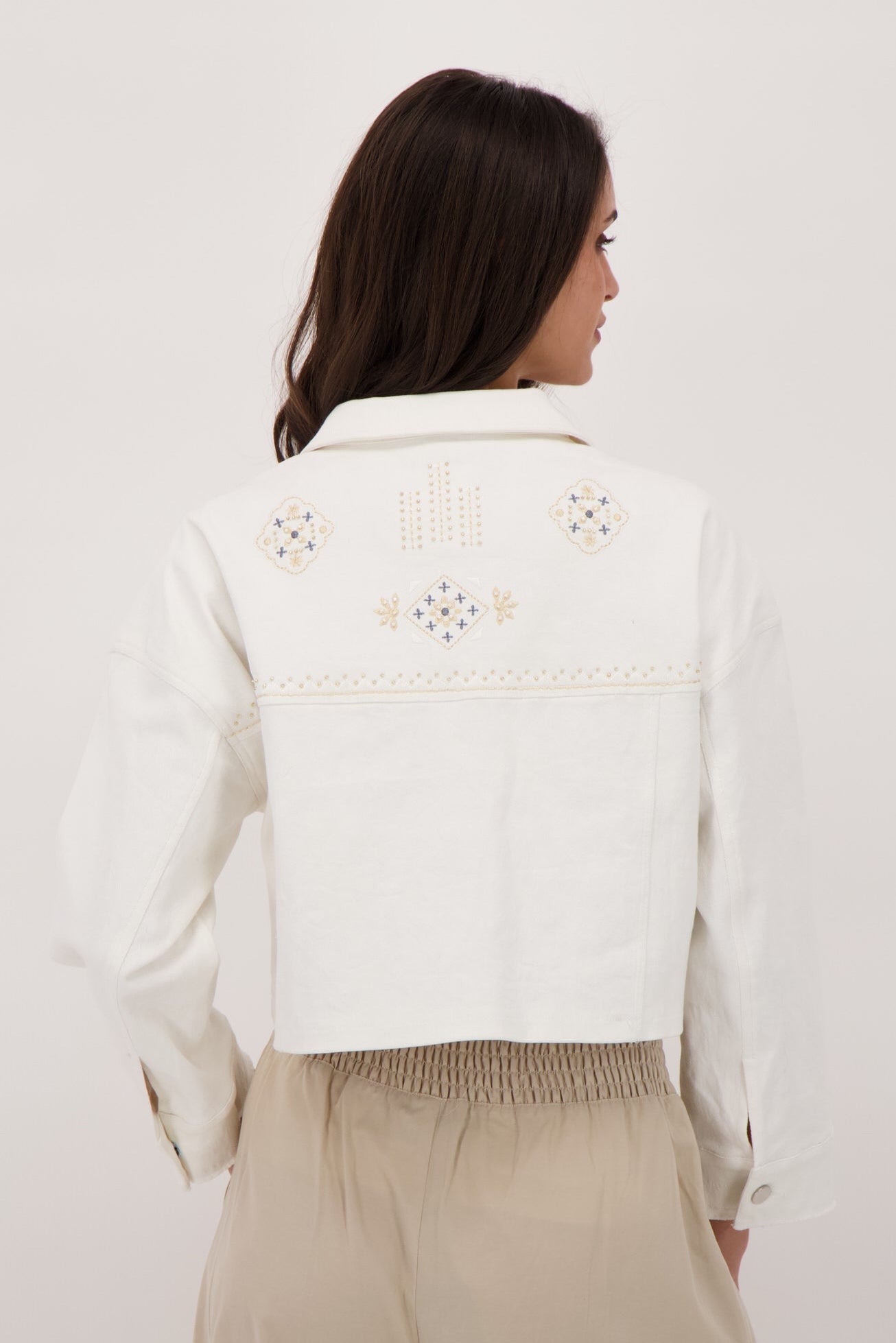 Embroidered Crop Cotton Jacket With Printed Lining
