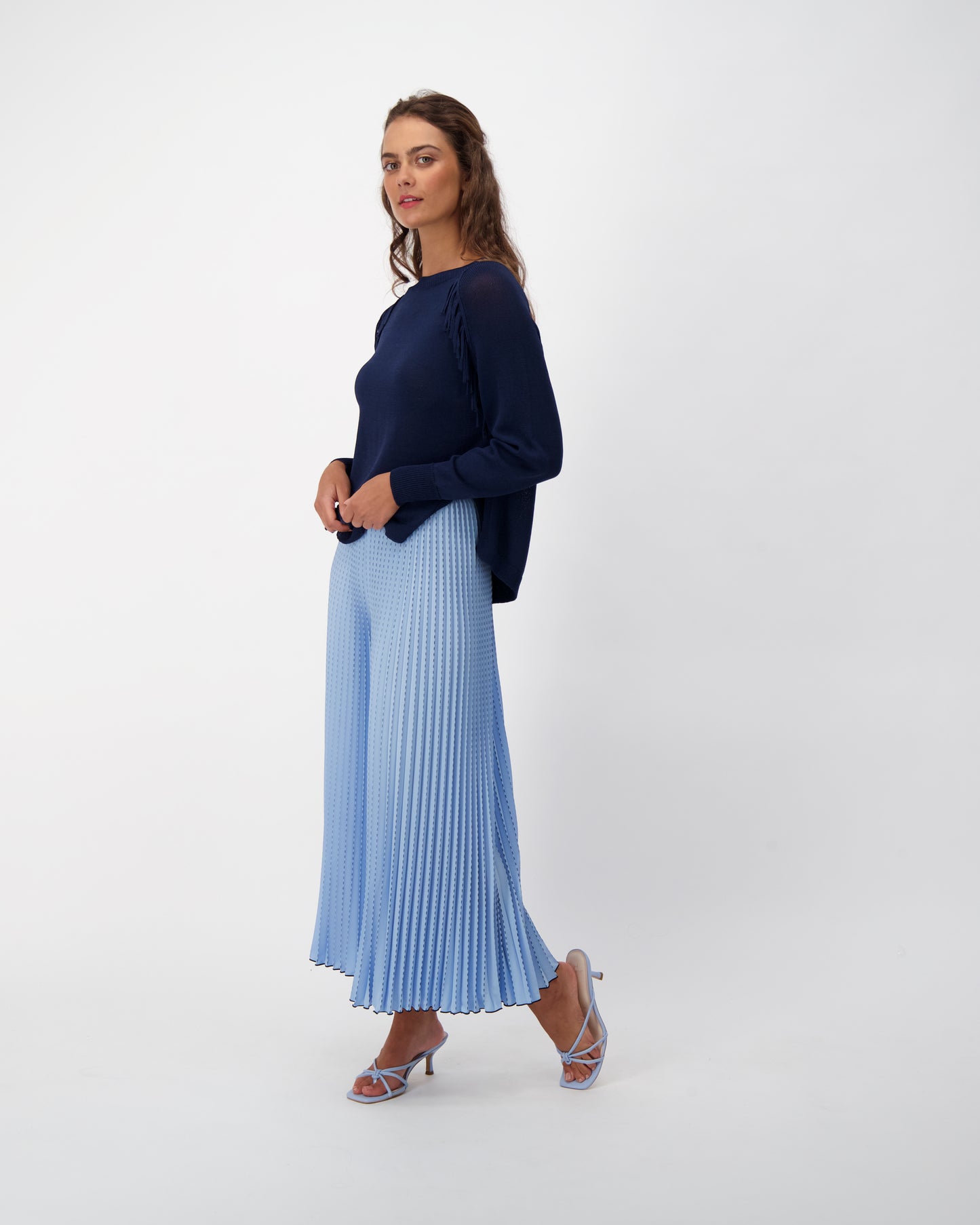 Blue Plisse Pleated Wide Leg Palazzo Pant