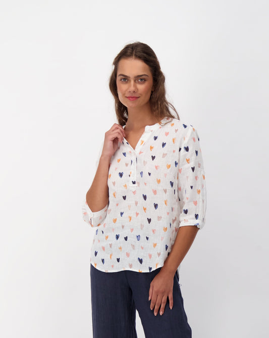 Linen Henley Shirt with Heart Print