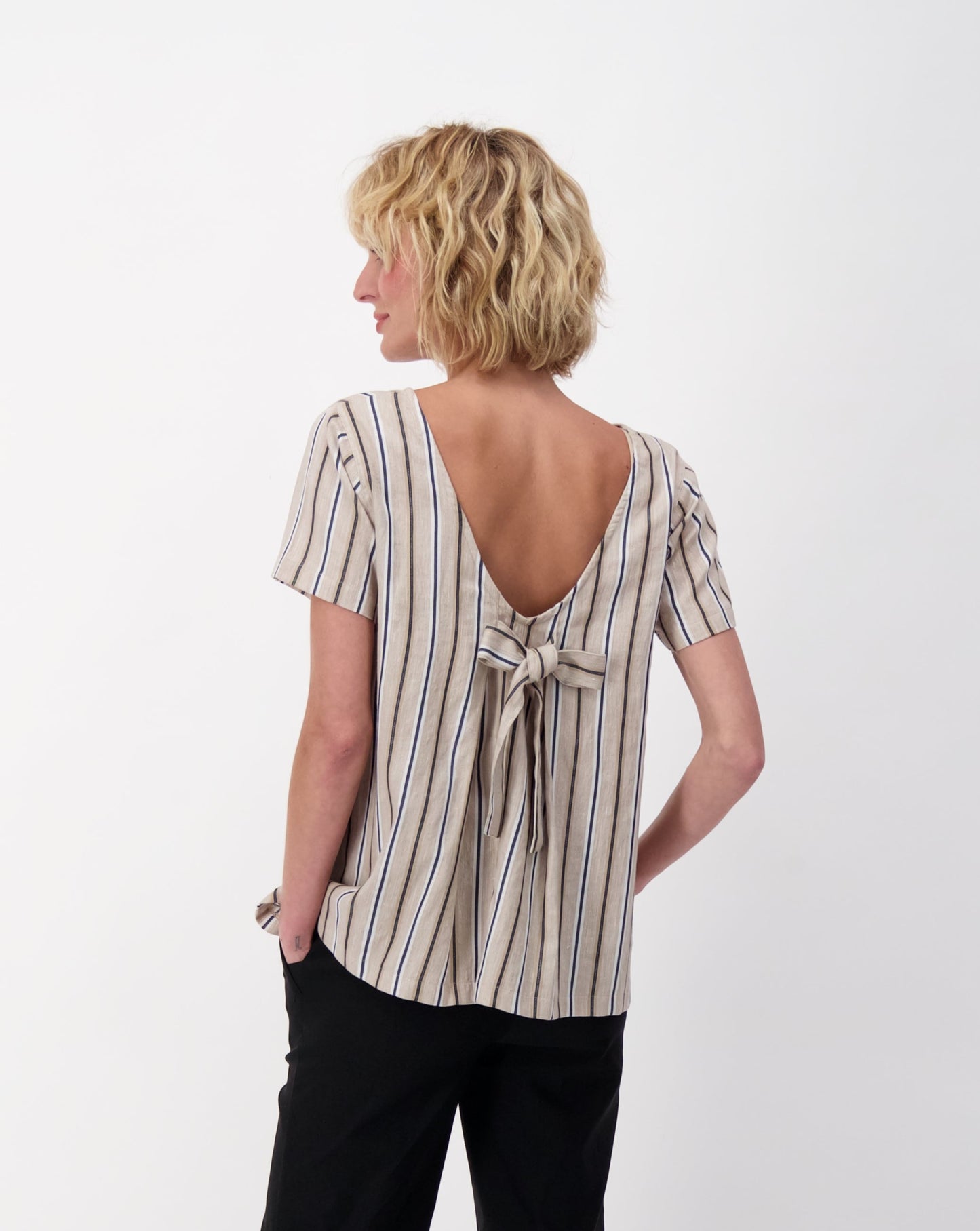 Linen Tie Back Short Sleeve Top, Yarn Dyed Stripes