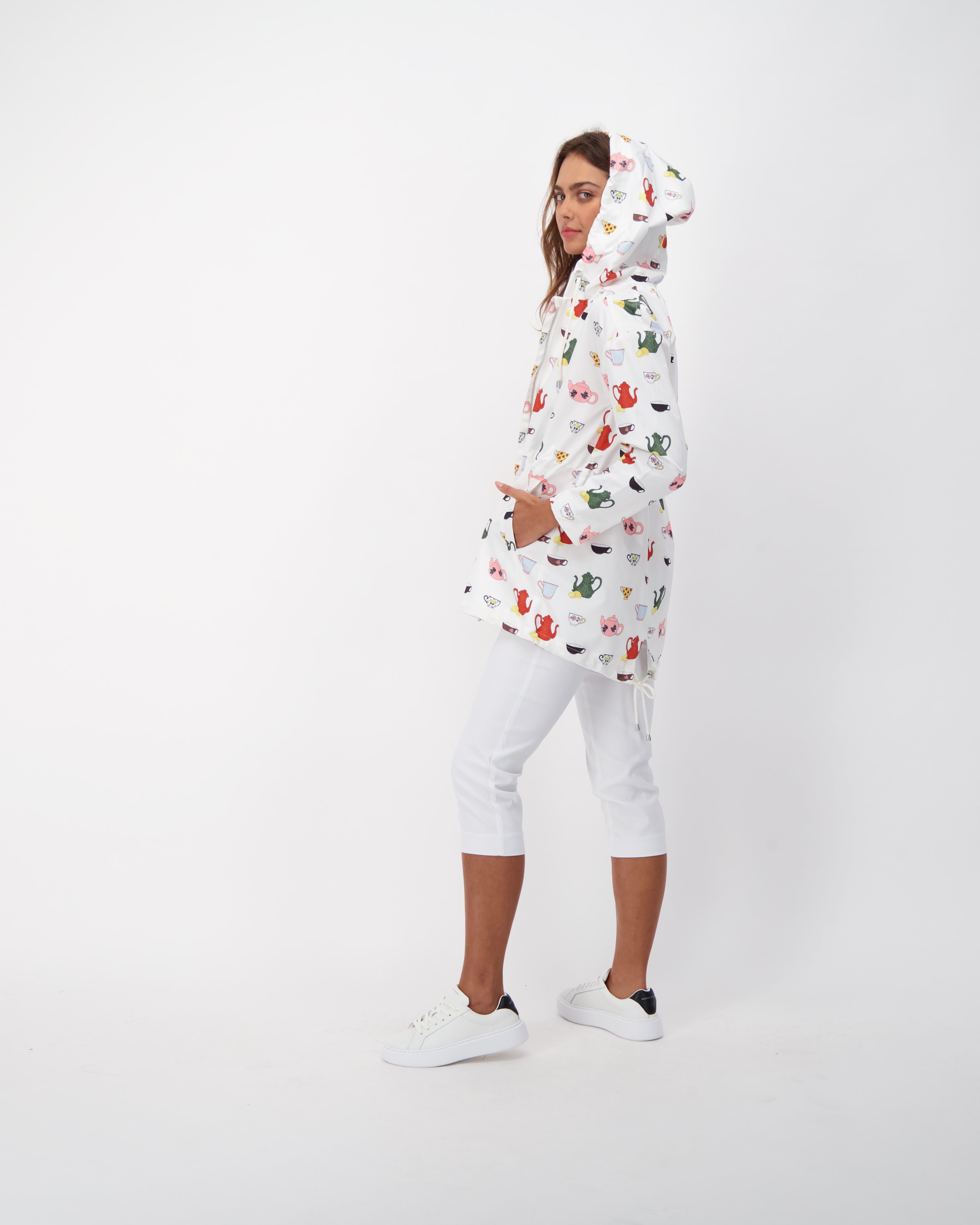 Hooded Tea Cup Print Parka Jacket