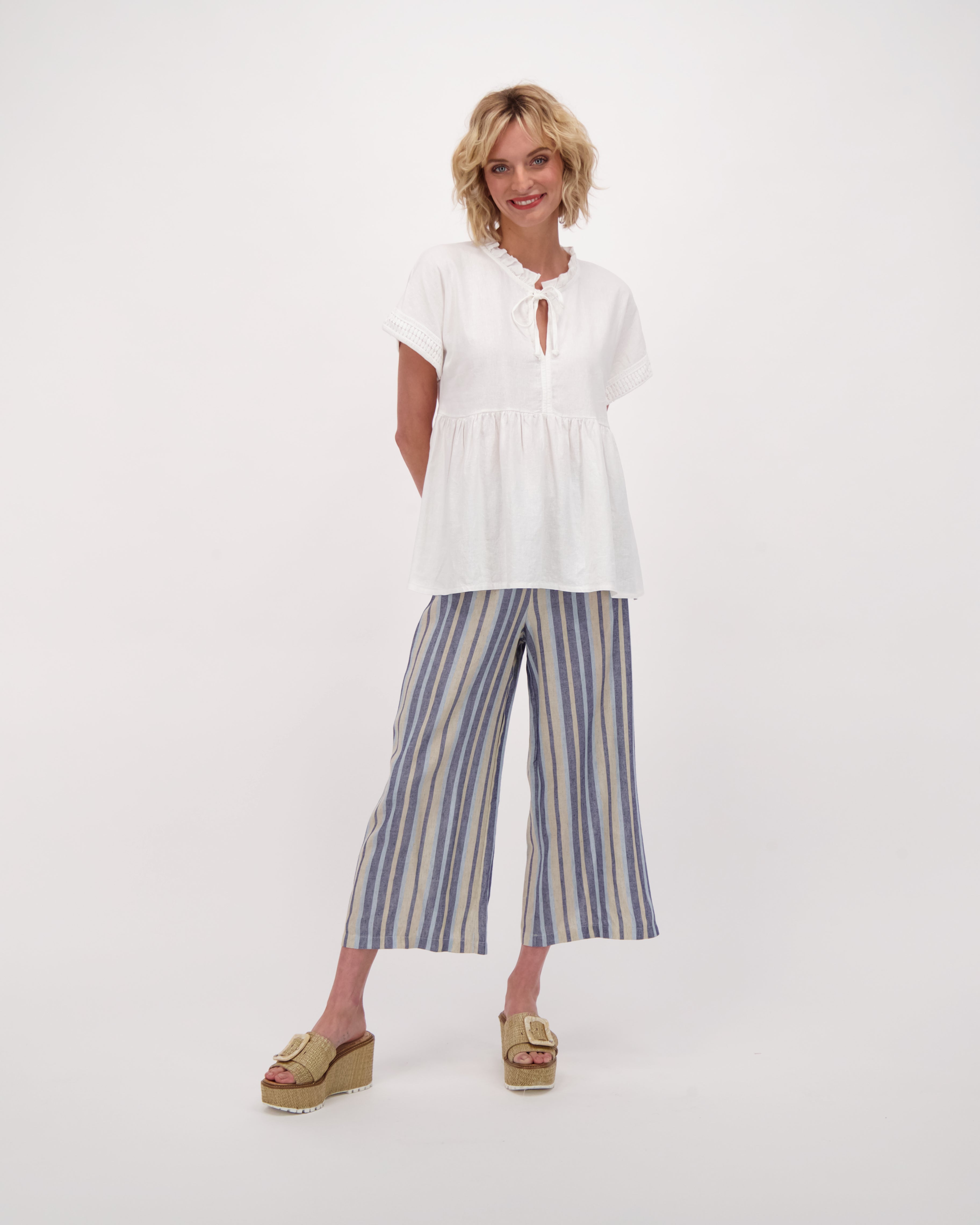Blue Stripe Linen Pull On Pants