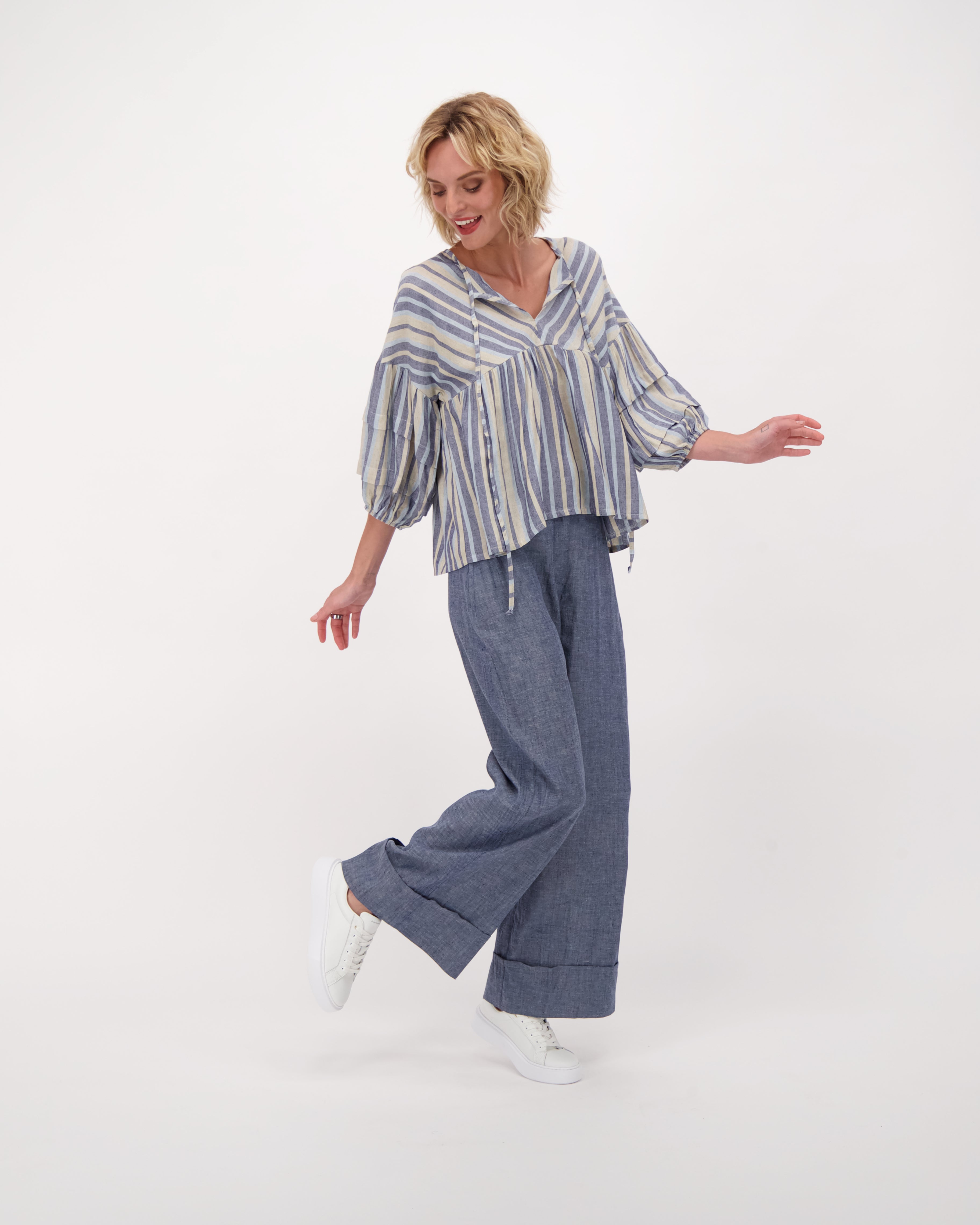 High Waisted Linen Wide Leg Pants Denim M