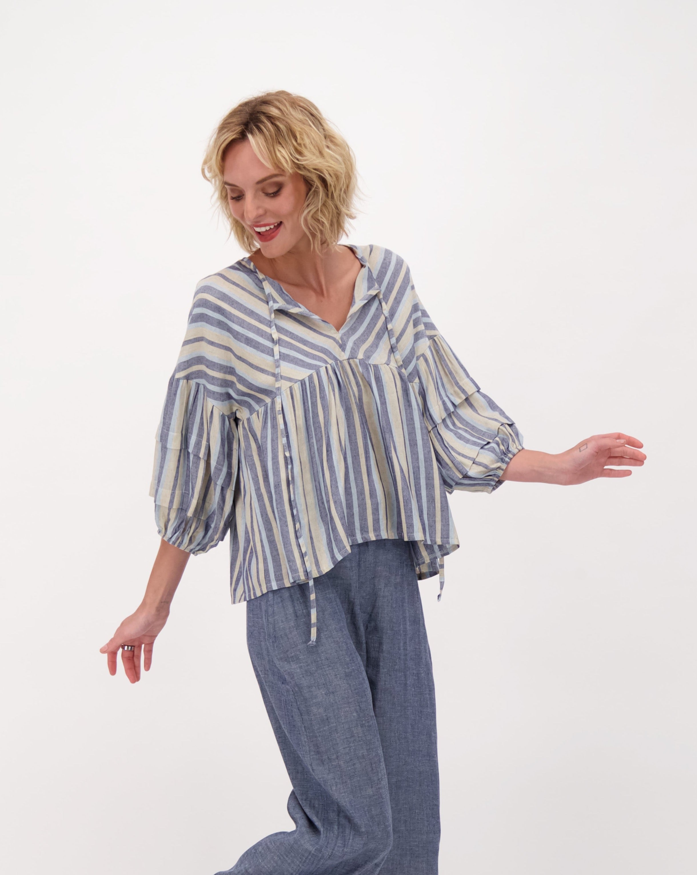 Linen Puff Sleeve Top, Yarn Dyed Stripes – Inspired Style Group