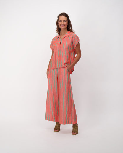 Coral Linen Blend Wide Leg Pull On Pants