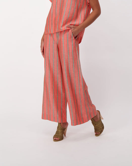 Coral Linen Blend Wide Leg Pull On Pants